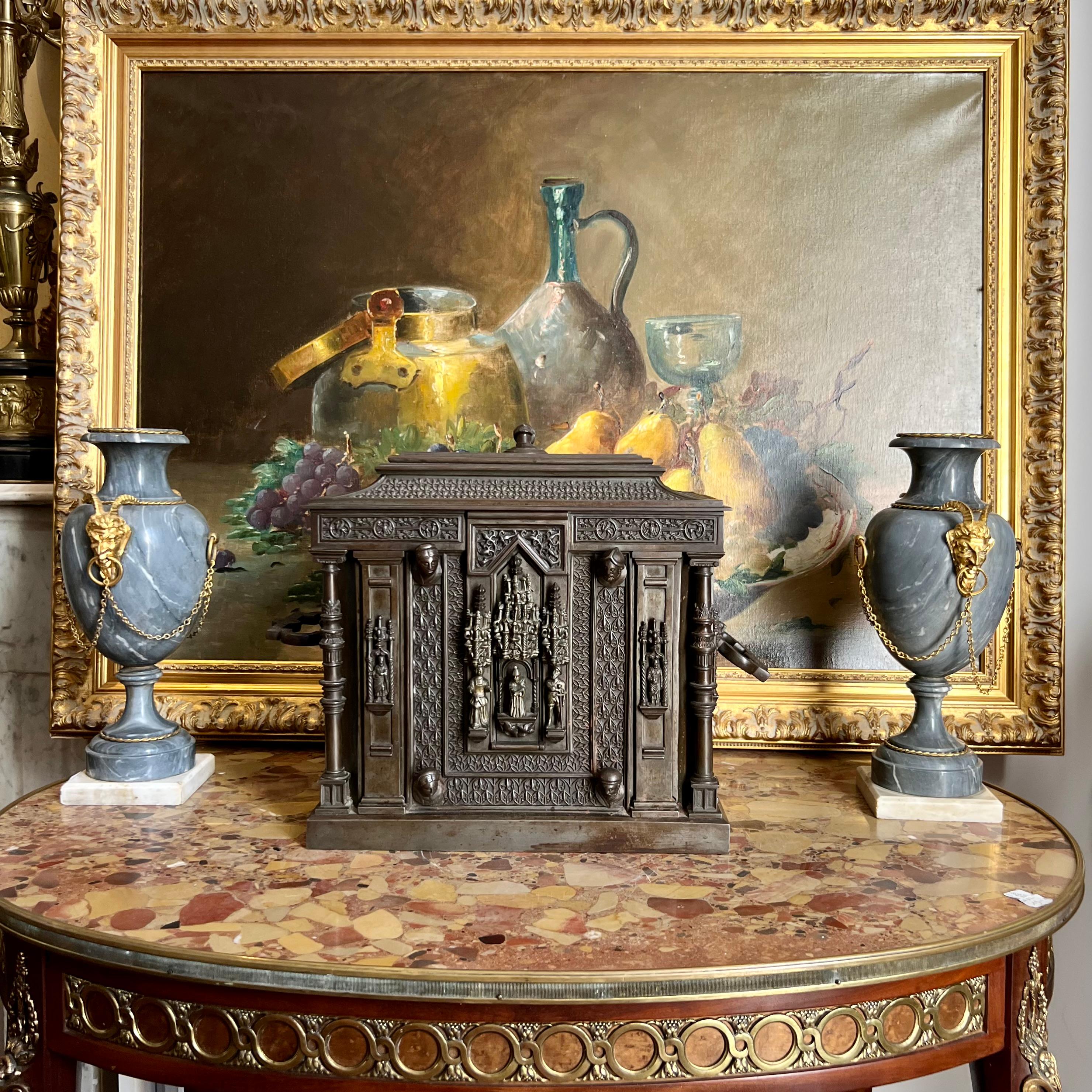 French Bronze Jewelry Chest In Neo-gothic Style From The Napoleon III Period For Sale