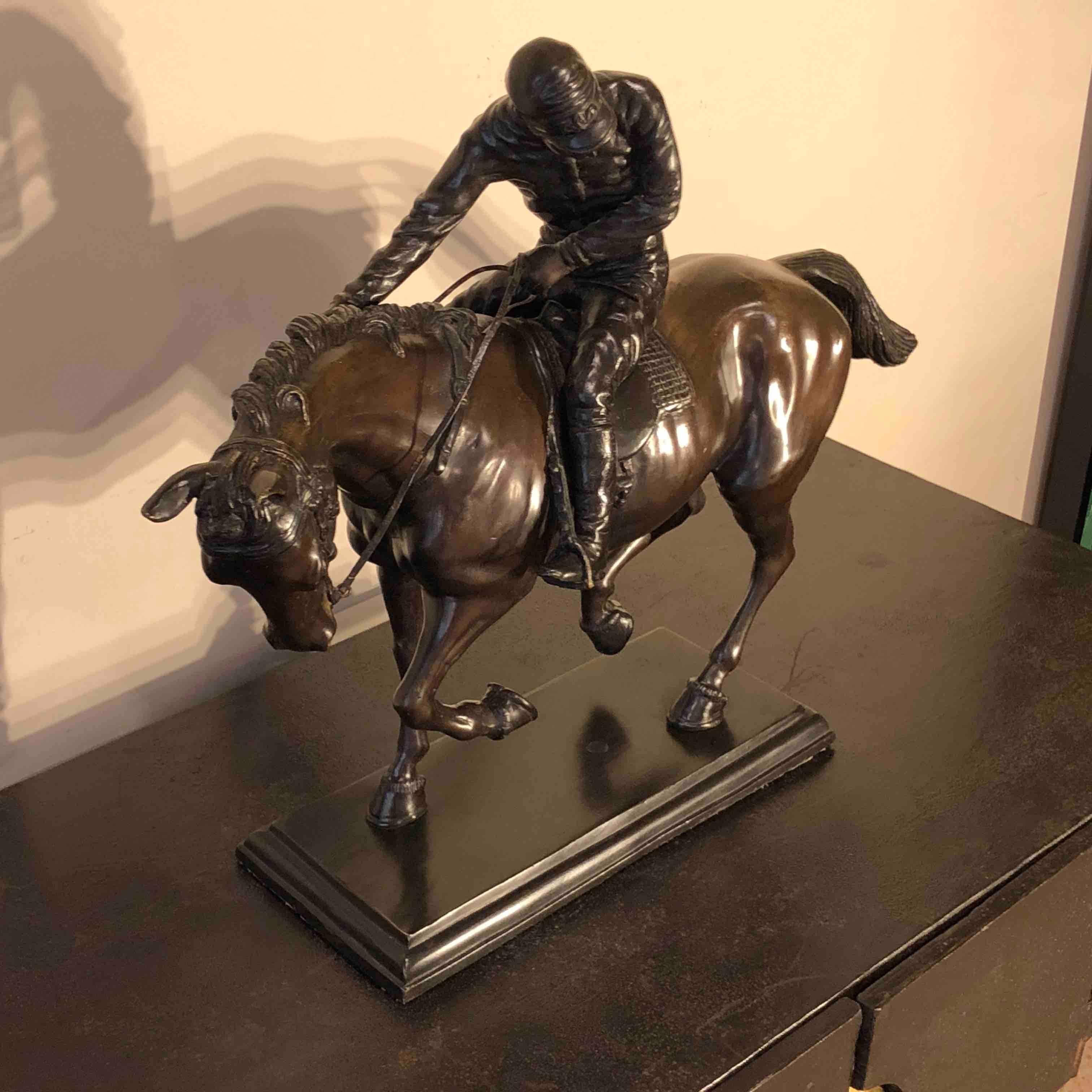 Bronze Jockey on Horse Black Marble Base Attributed to J. Bonheur Sculpture 6