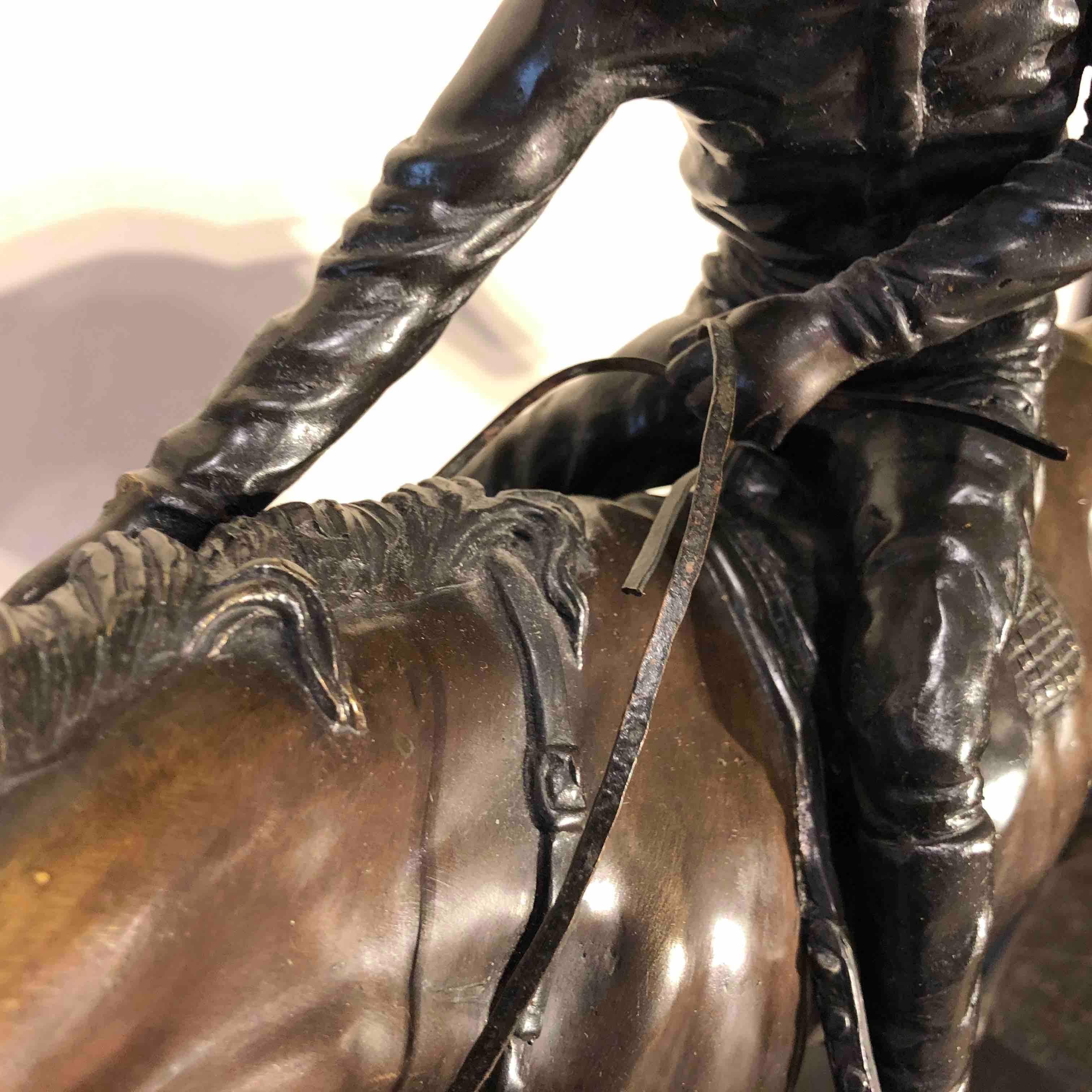 Bronze Jockey on Horse Black Marble Base Attributed to J. Bonheur Sculpture 12