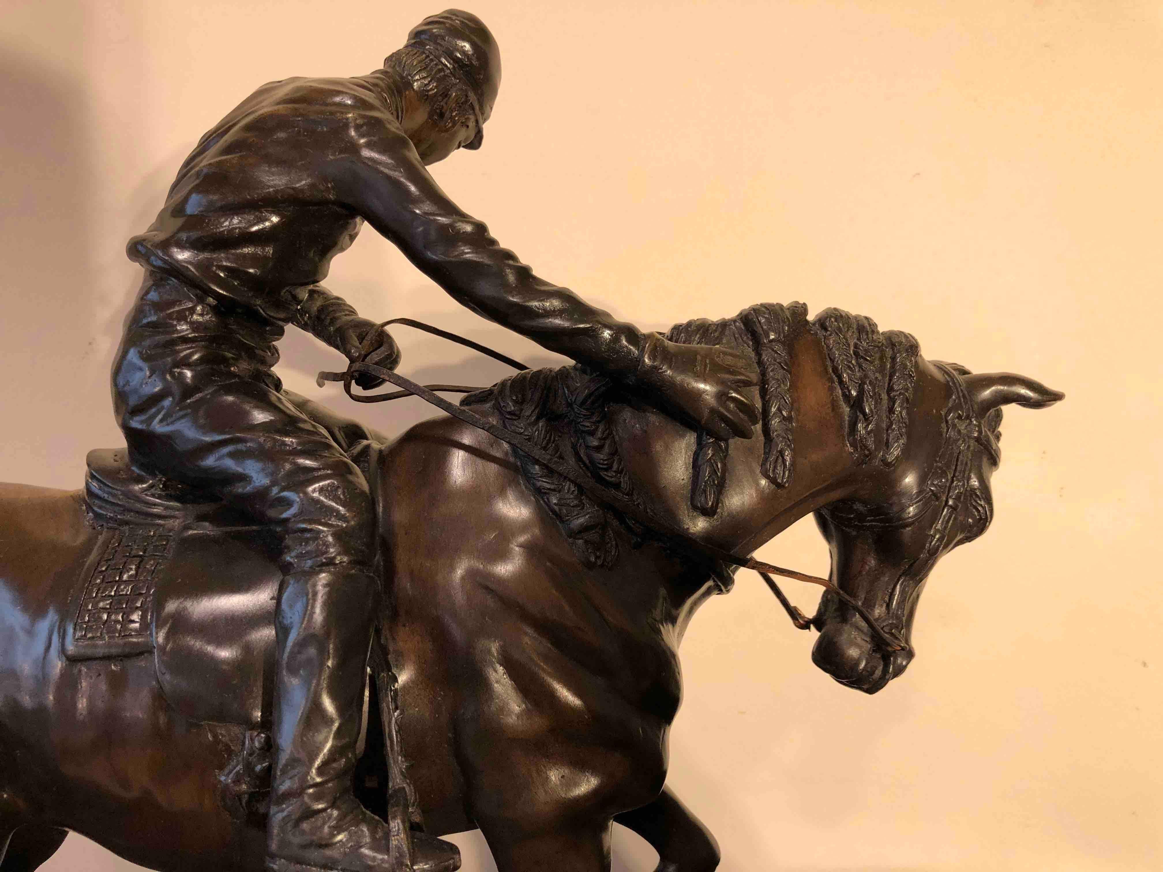 Bronze Jockey on Horse Black Marble Base Attributed to J. Bonheur Sculpture 13