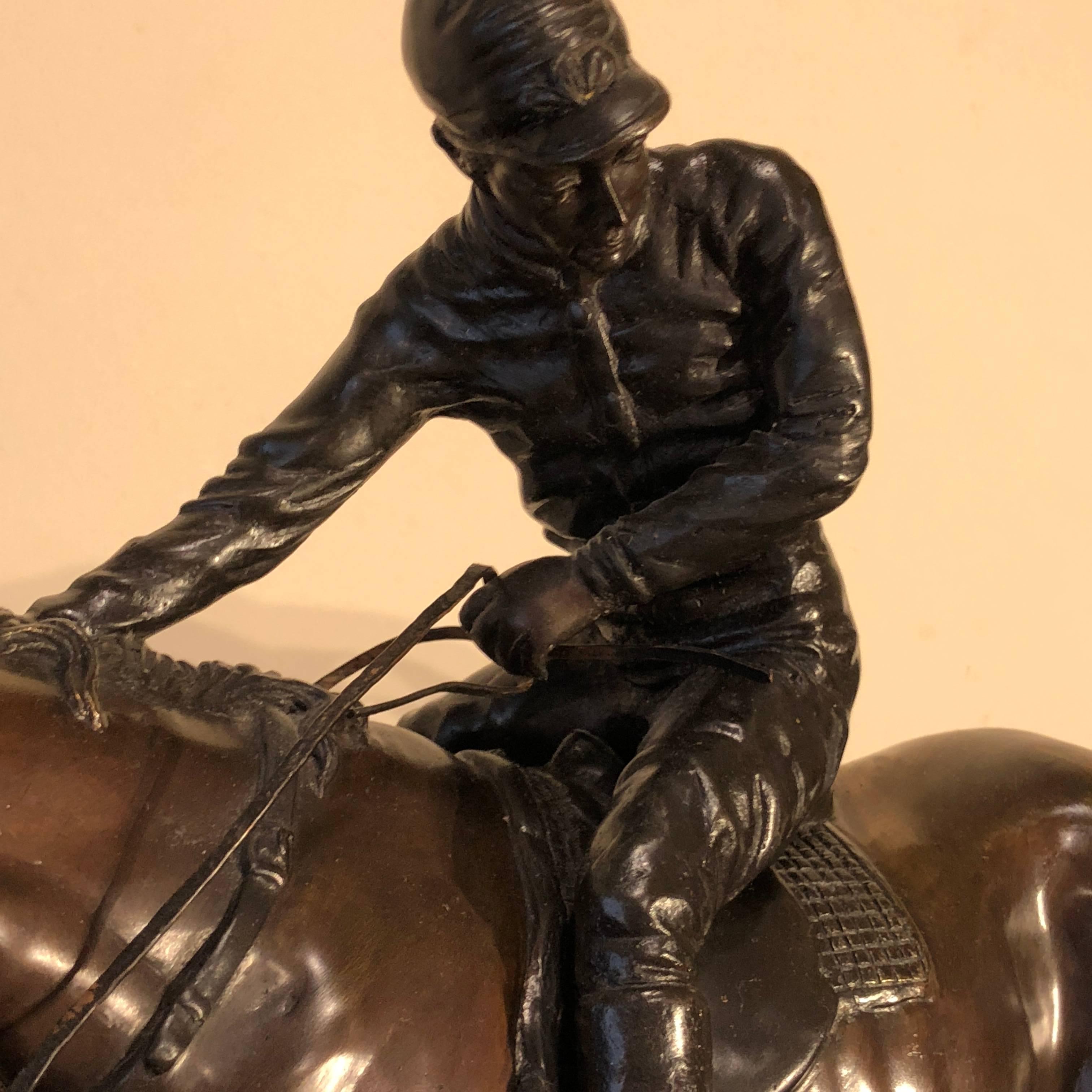 French Bronze Jockey on Horse Black Marble Base Attributed to J. Bonheur Sculpture