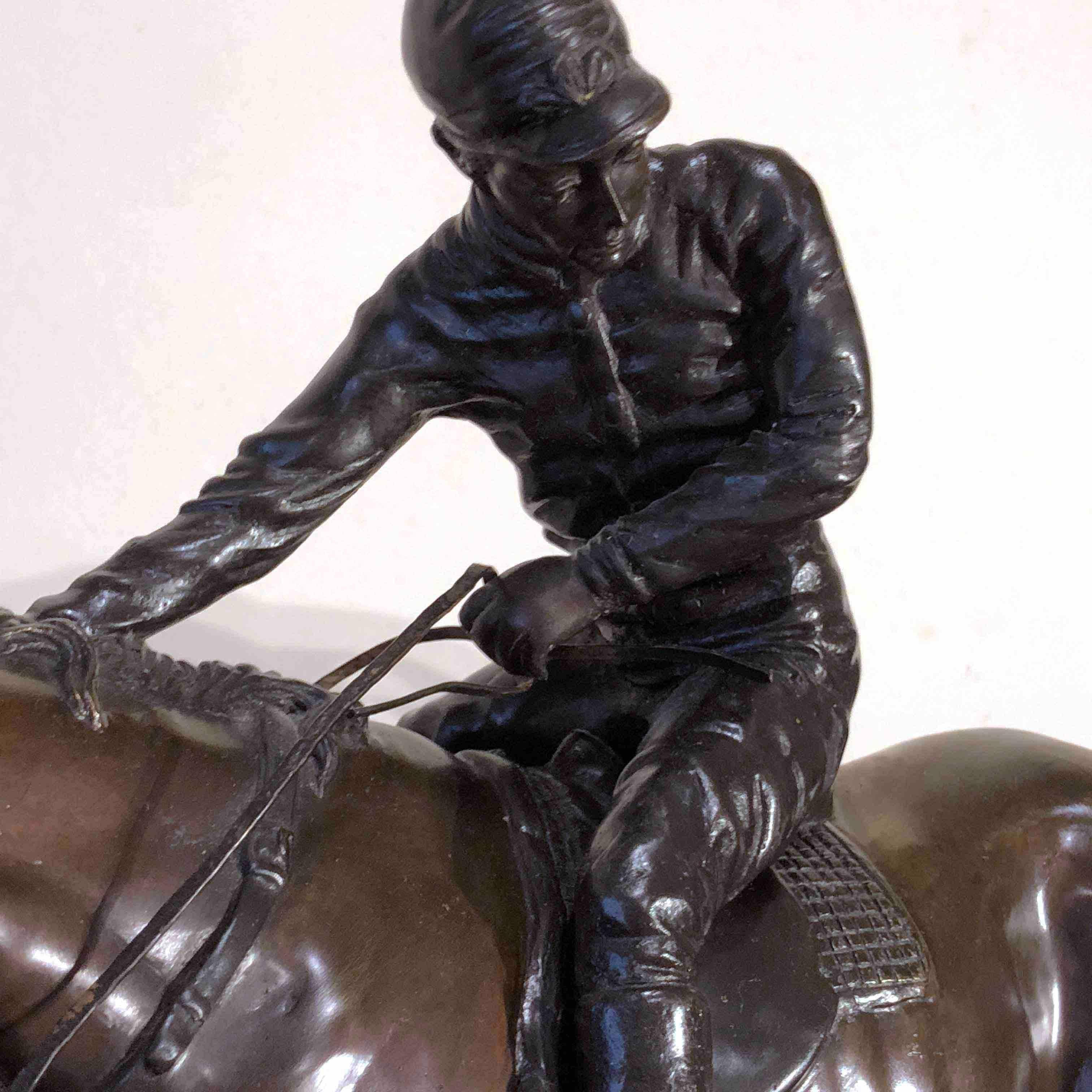 Bronze Jockey on Horse Black Marble Base Attributed to J. Bonheur Sculpture 1