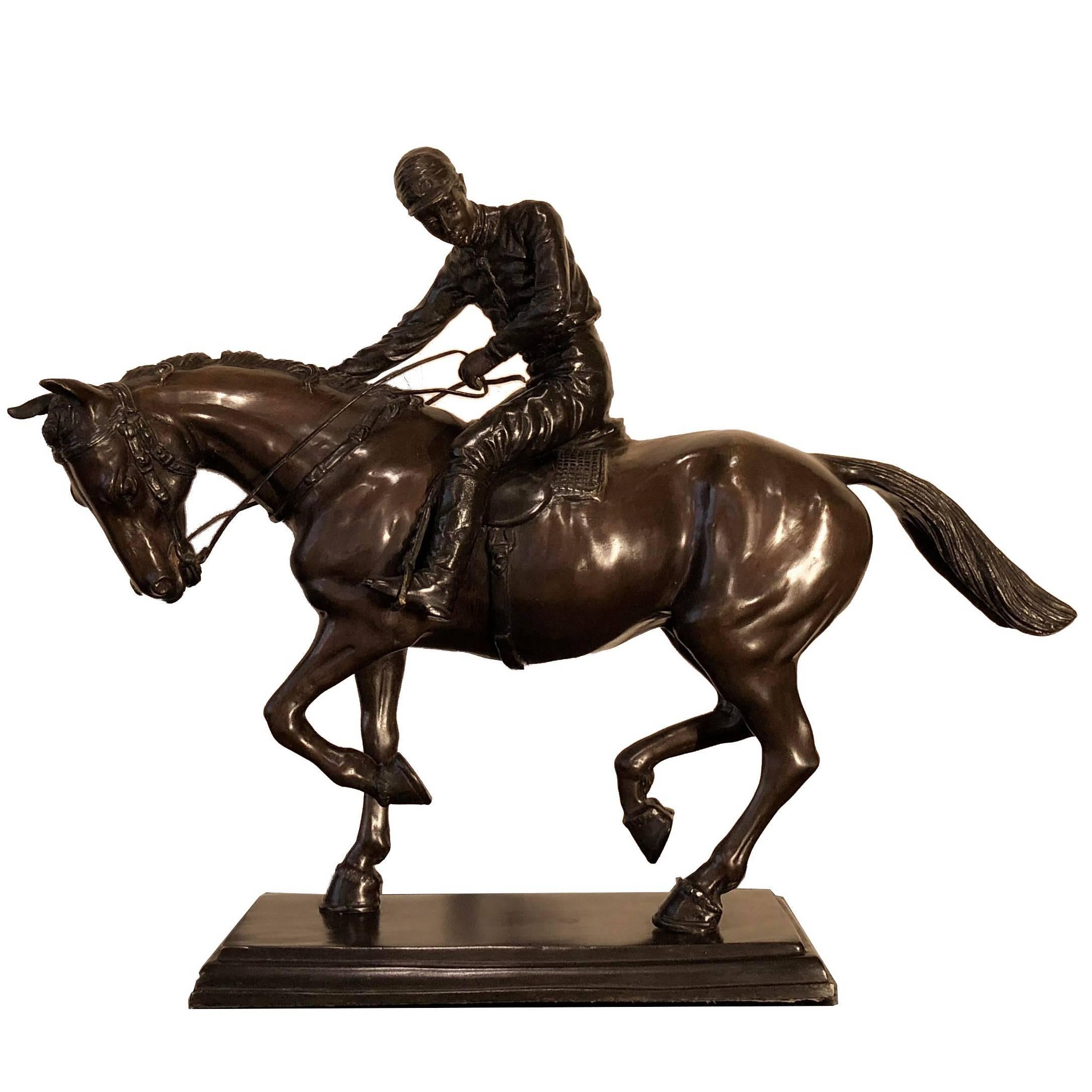 Bronze Jockey on Horse Black Marble Base Attributed to J. Bonheur Sculpture
