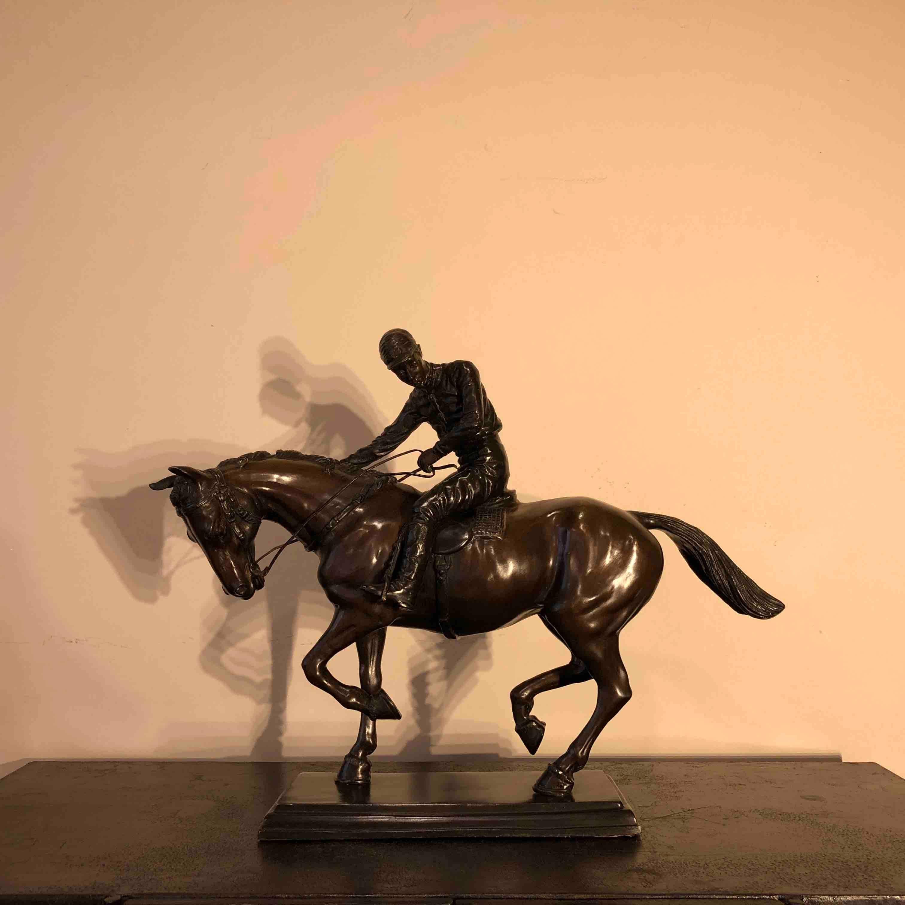 Bronze Jockey on Horse Sculpture Black marble base attributed to J. Bonheur 3