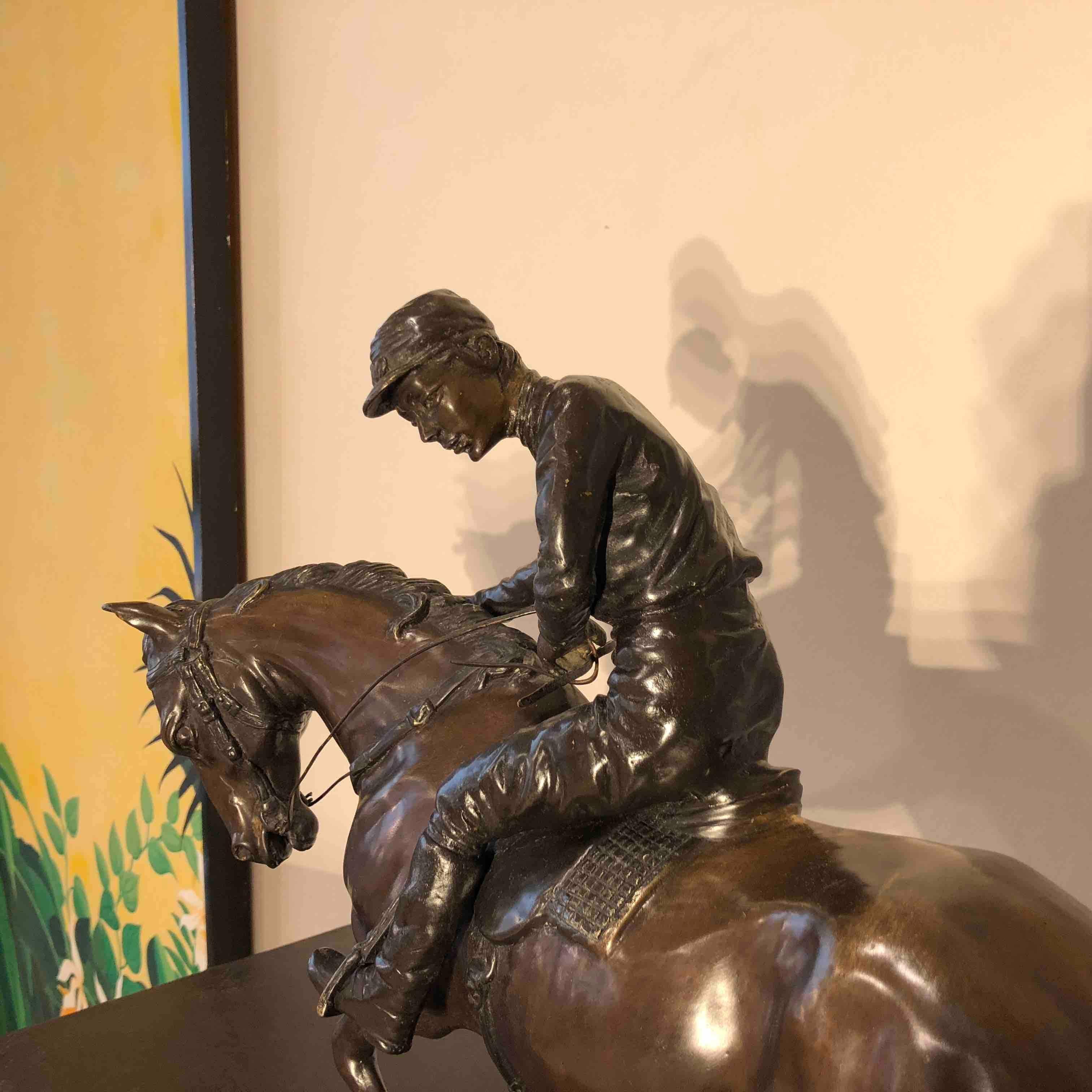 Bronze Jockey on Horse Sculpture Black marble base attributed to J. Bonheur 9
