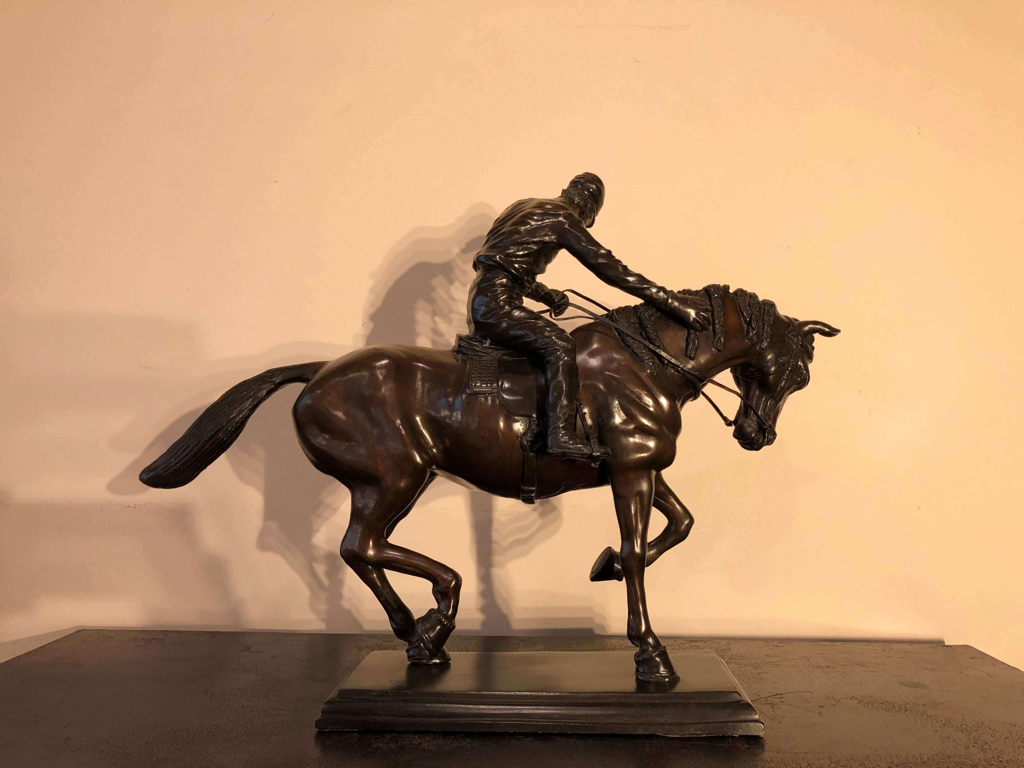 French Bronze Jockey on Horse Sculpture Black marble base attributed to J. Bonheur