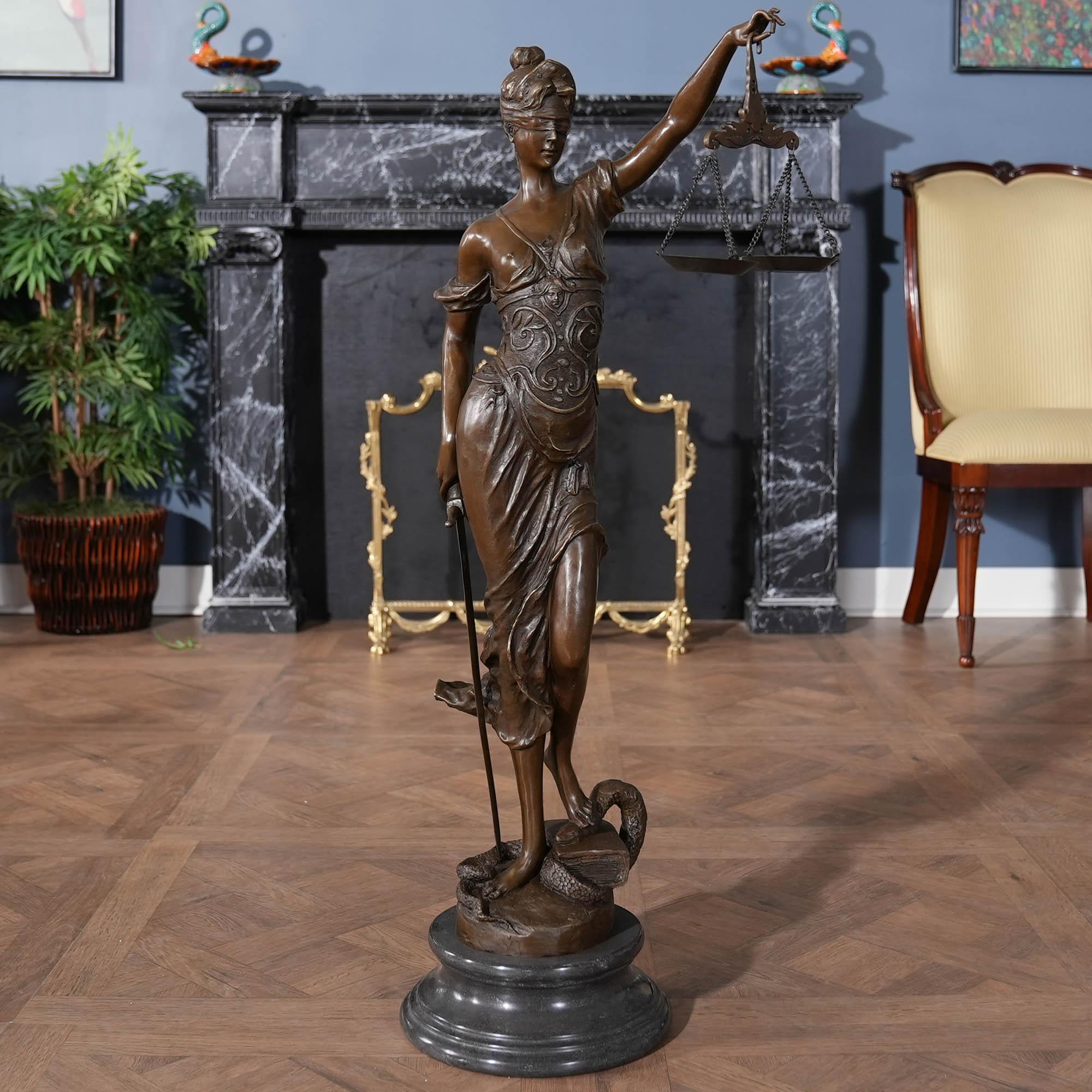 Hand-Crafted Bronze Justice with Scales on Marble Base For Sale