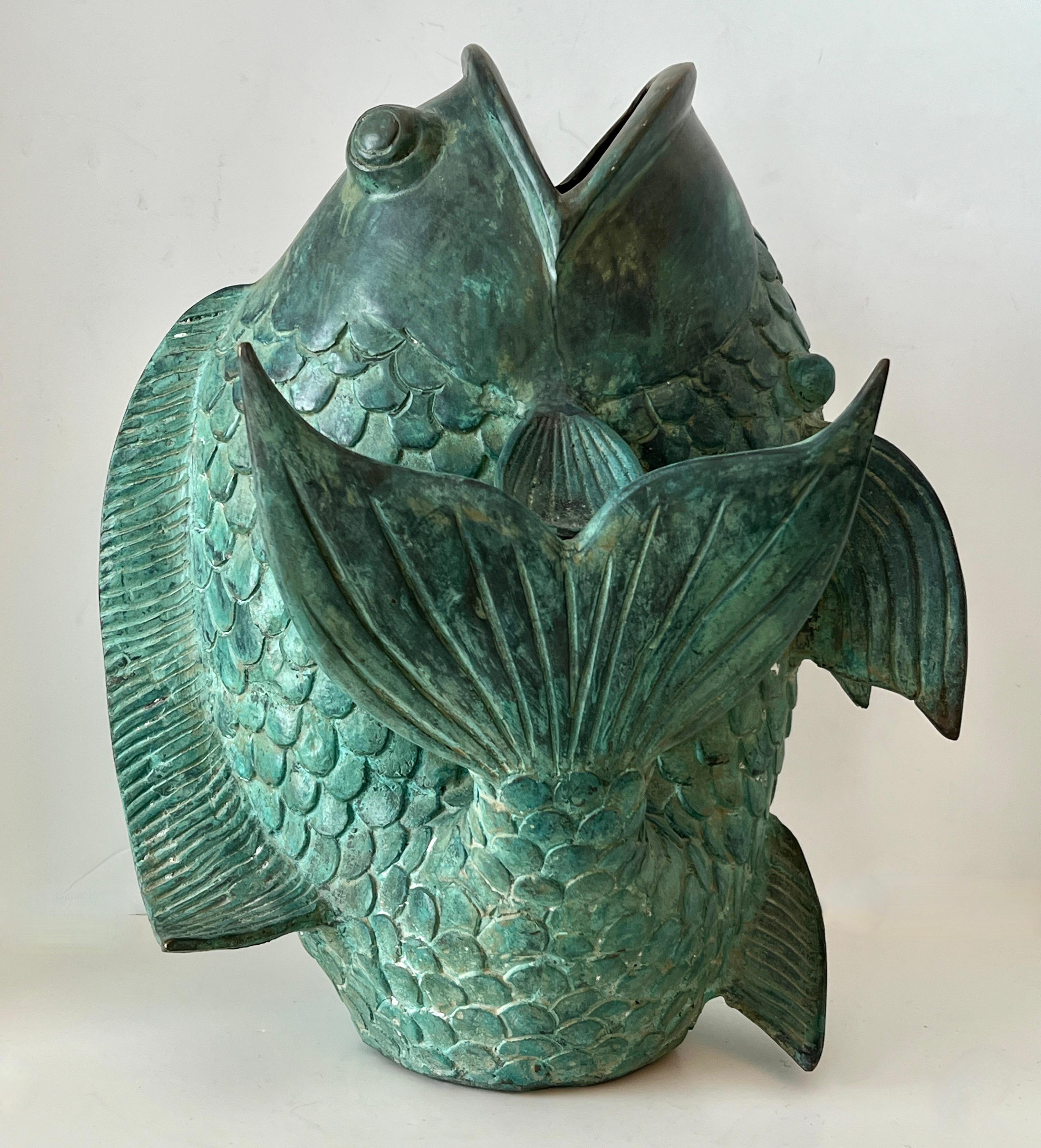 Bronze Koi Fish Sculpture Vase or Fountain In Good Condition For Sale In Los Angeles, CA