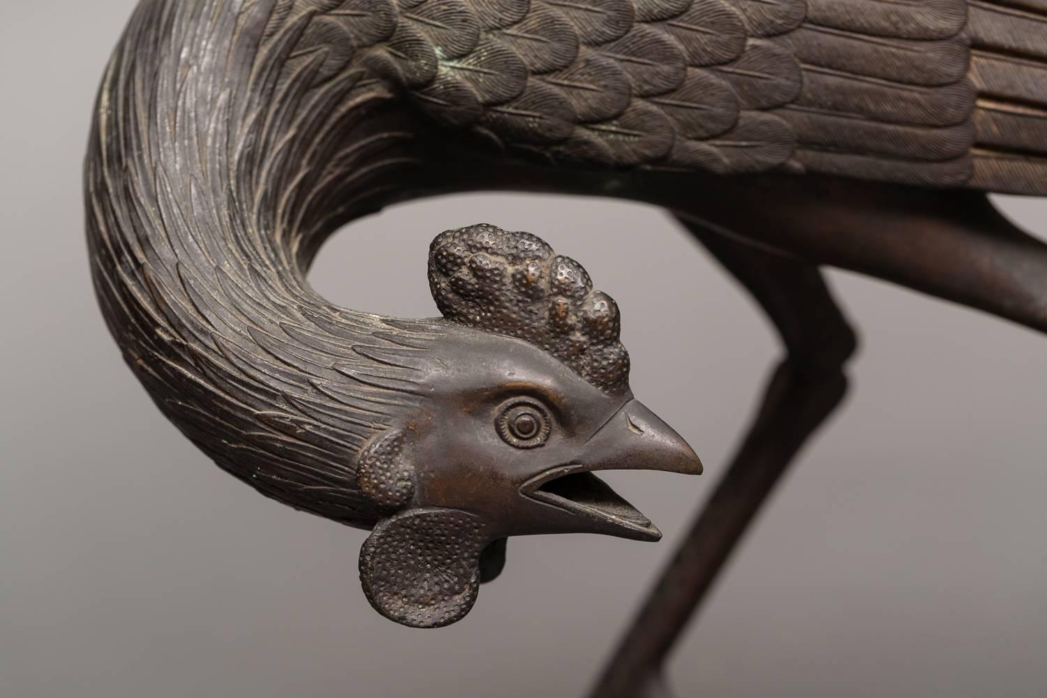 XIXe siècle Koro en bronze - Brûleur d'encens japonais en forme de coq en vente