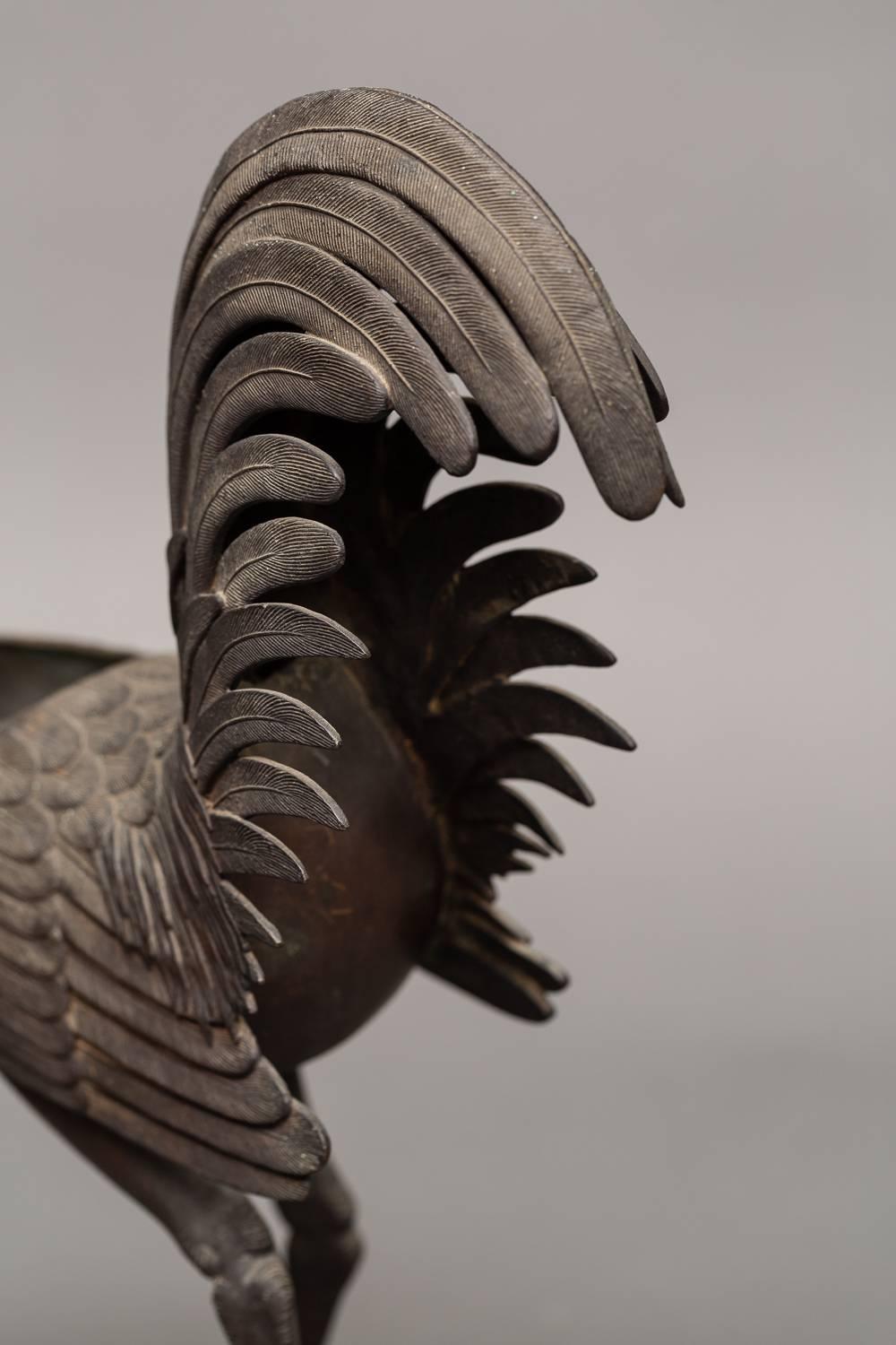 Bronze Koro 'Japanese Incense Burner' in the Shape of a Rooster In Excellent Condition For Sale In Hudson, NY