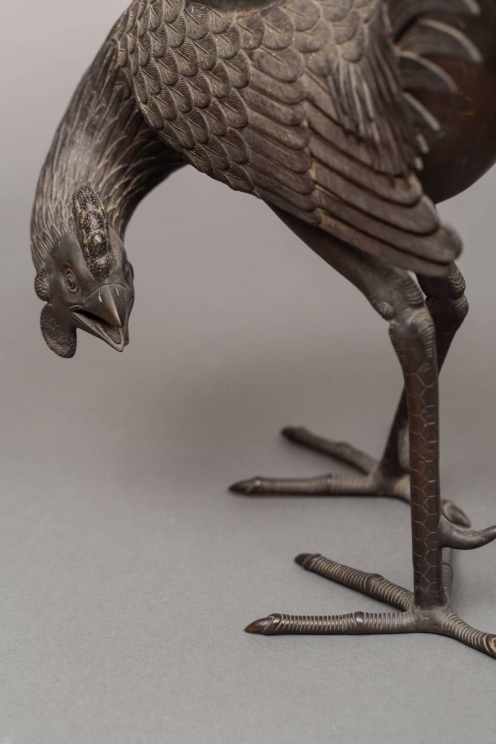 Koro en bronze - Brûleur d'encens japonais en forme de coq en vente 1