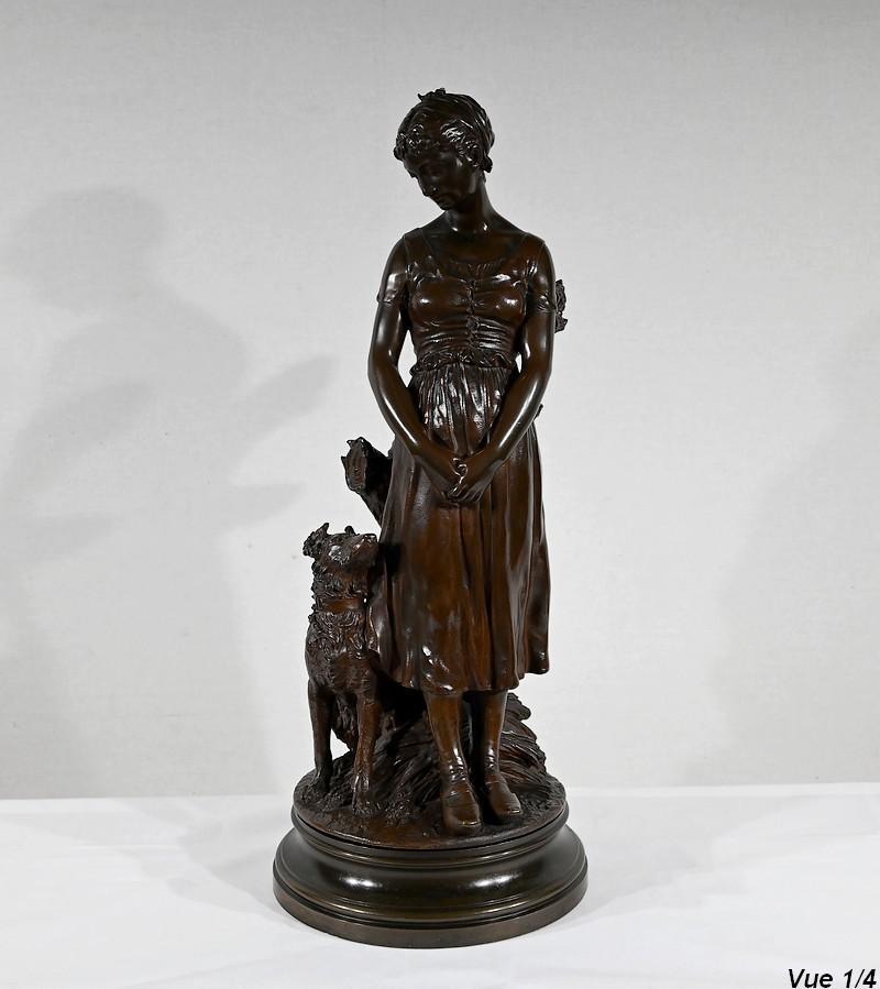 Bronze sculpture “The Young Woman with a Dog”, signed E-L.Truffot 19th In Good Condition For Sale In HÉRIC, FR