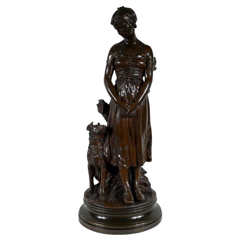 Bronze sculpture “The Young Woman with a Dog”, signed E-L.Truffot 19th For Sale