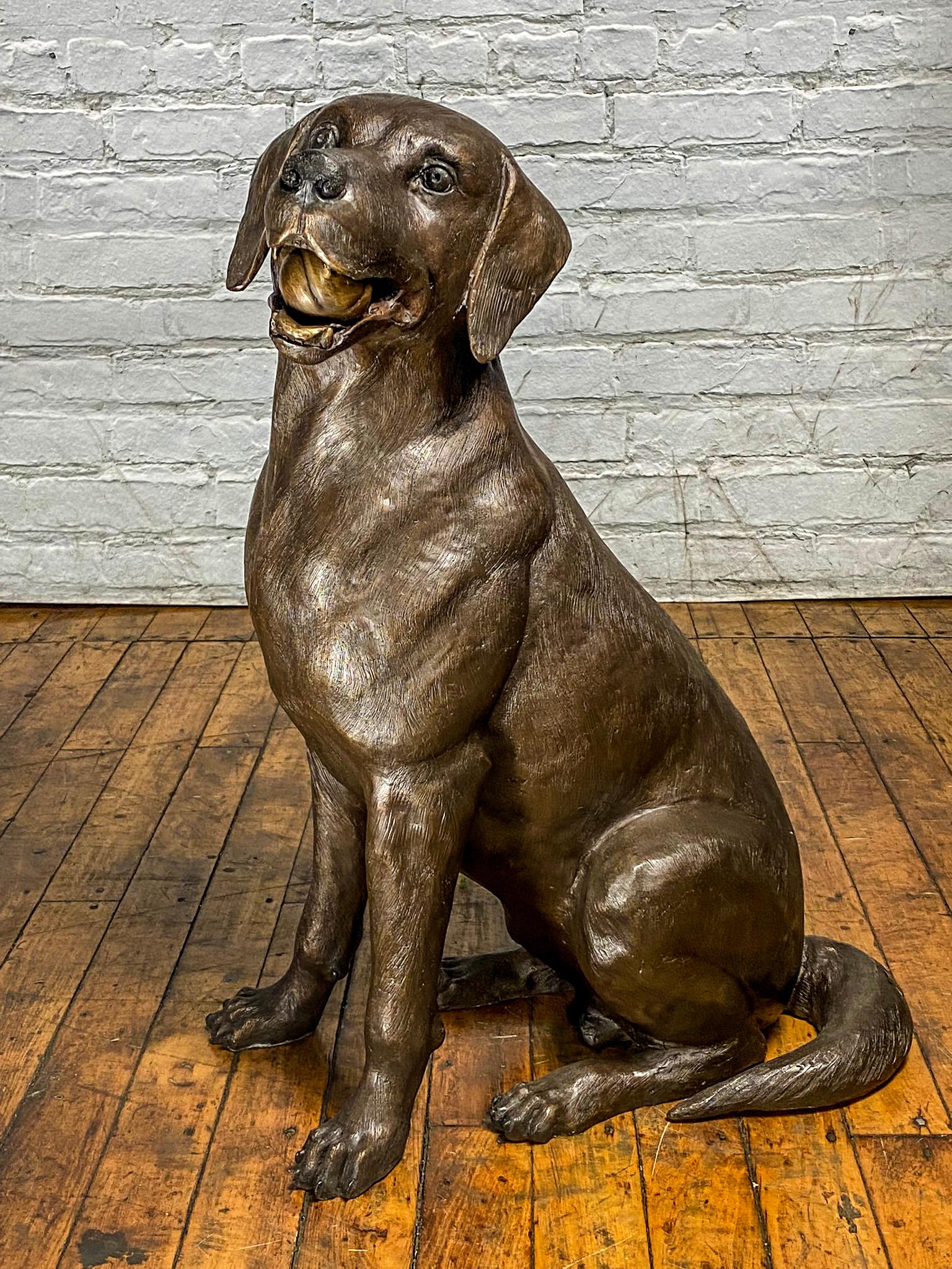Notre magnifique statue de chien Labrador Retriever en bronze, en édition limitée et personnalisée, est conçue d'après notre chien bien-aimé, Bailey. Cette adorable statue en bronze représente Bailey avec une balle dans la bouche, attendant de jouer