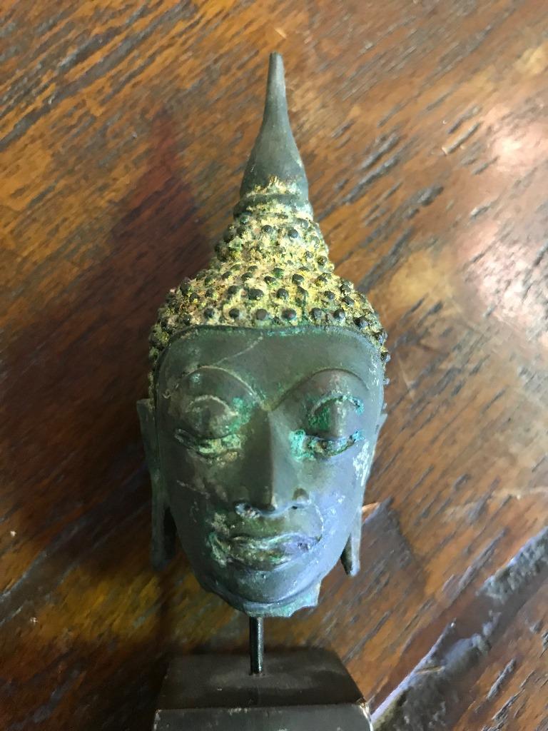Bronze, Lacquer and Gilt Temple Shrine Thai Siam Buddha Head on Wooden Stand 2