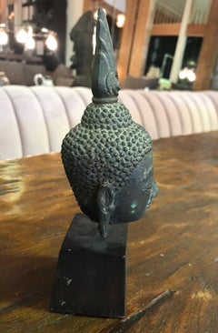 Bronze, Lacquer and Gilt Thai Temple Shrine Buddha Head on Wooden Stand