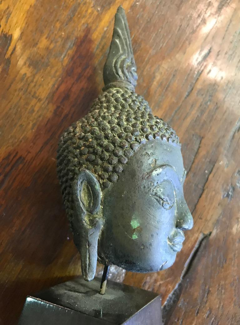 Bronze, Lacquer and Gilt Thai Temple Shrine Buddha Head on Wooden Stand 2