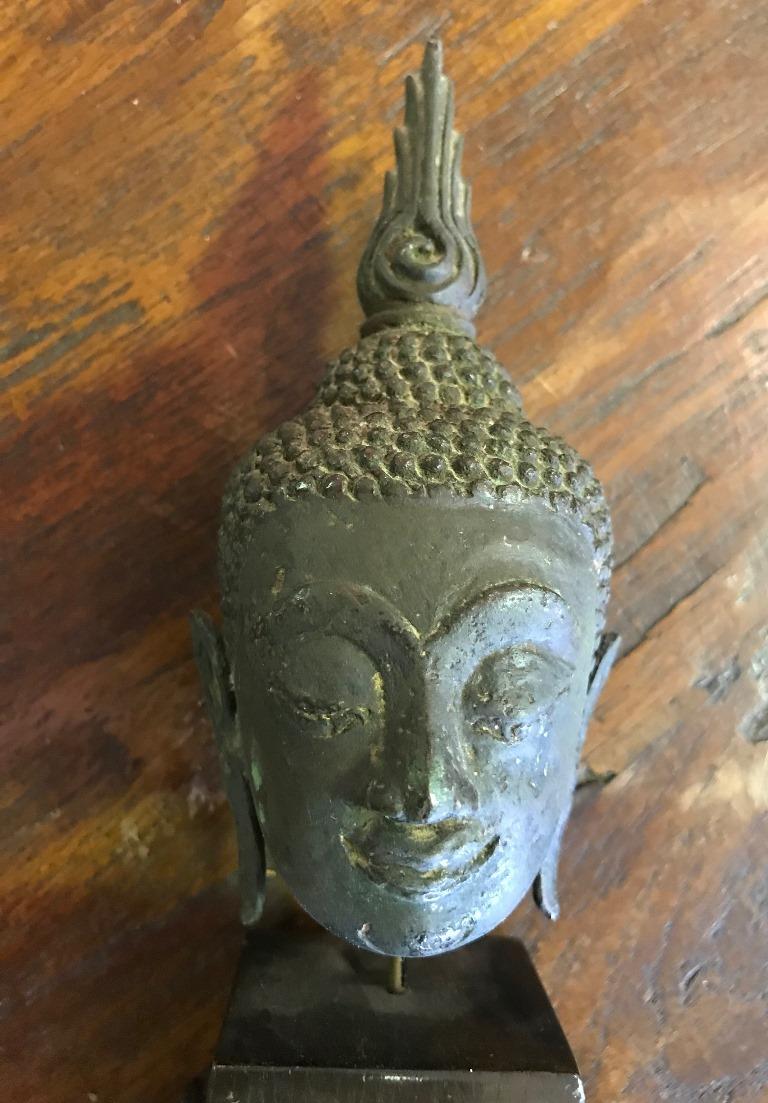 Bronze, Lacquer and Gilt Thai Temple Shrine Buddha Head on Wooden Stand 3