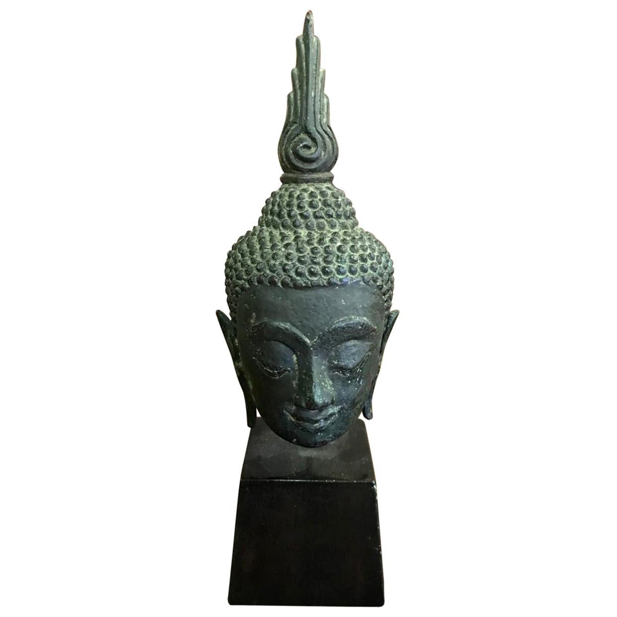 Bronze, Lacquer and Gilt Thai Temple Shrine Buddha Head on Wooden Stand