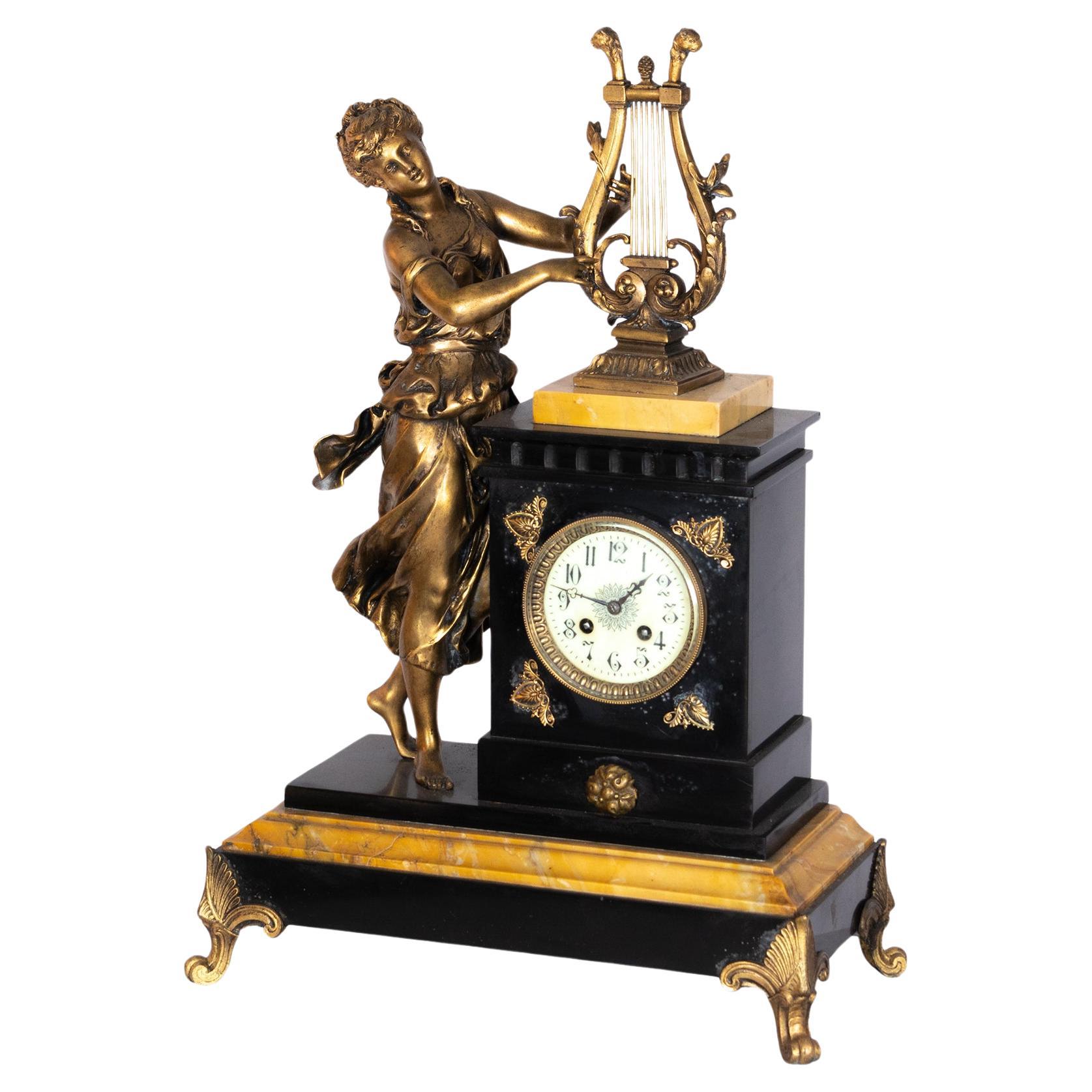 Bronze Lady and Harp Pendulum Mantel Clock on Marble Base, 1900s