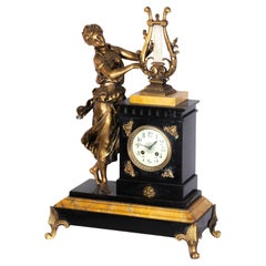 Bronze Lady and Harp Pendulum Mantel Clock on Marble Base, 1900s