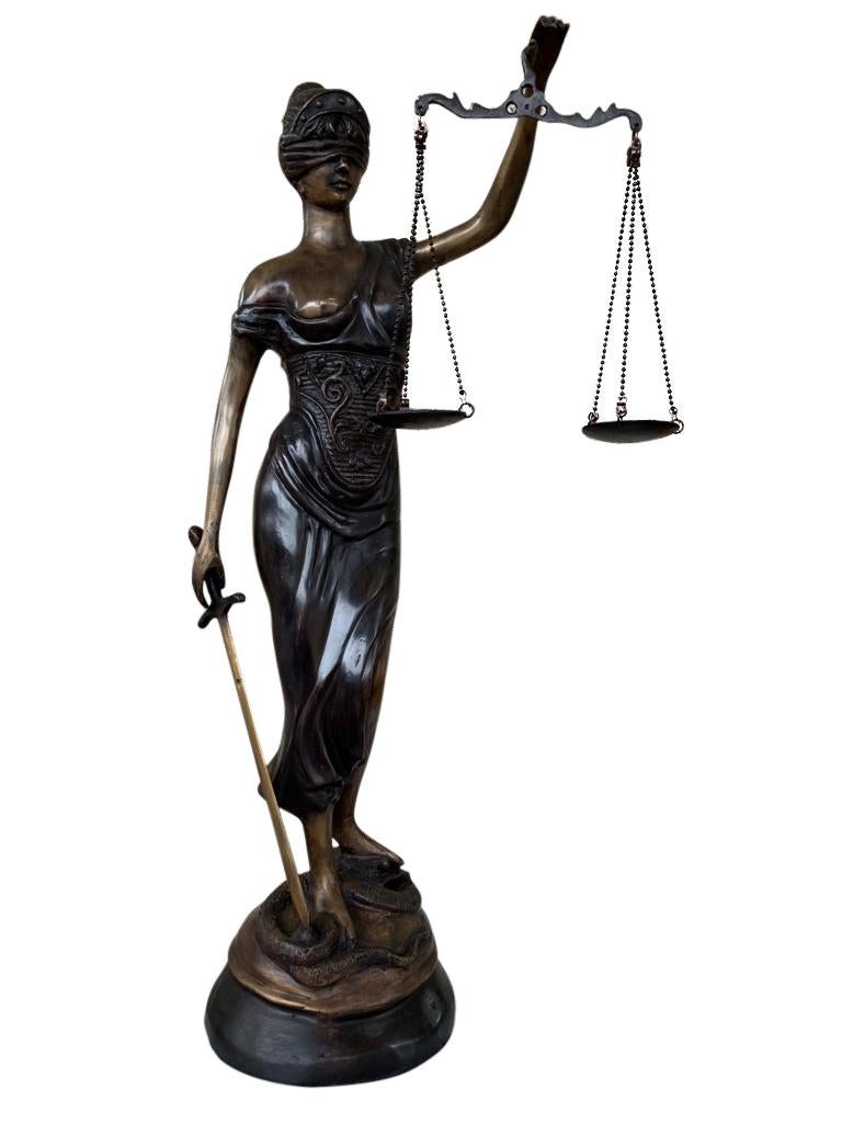 European Bronze Lady Justice Statue Scales Legal Justitia Themis, 20th Century For Sale