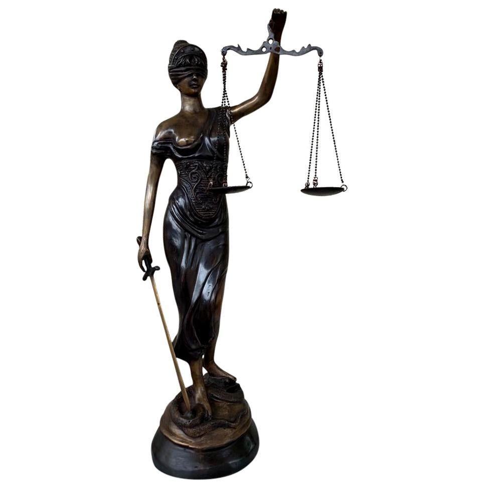 Bronze Lady Justice Statue Scales Legal Justitia Themis, 20th Century For Sale