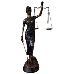 Vintage Bronze Lady Justice Statue Scales Legal Justitia Themis, 20th Century