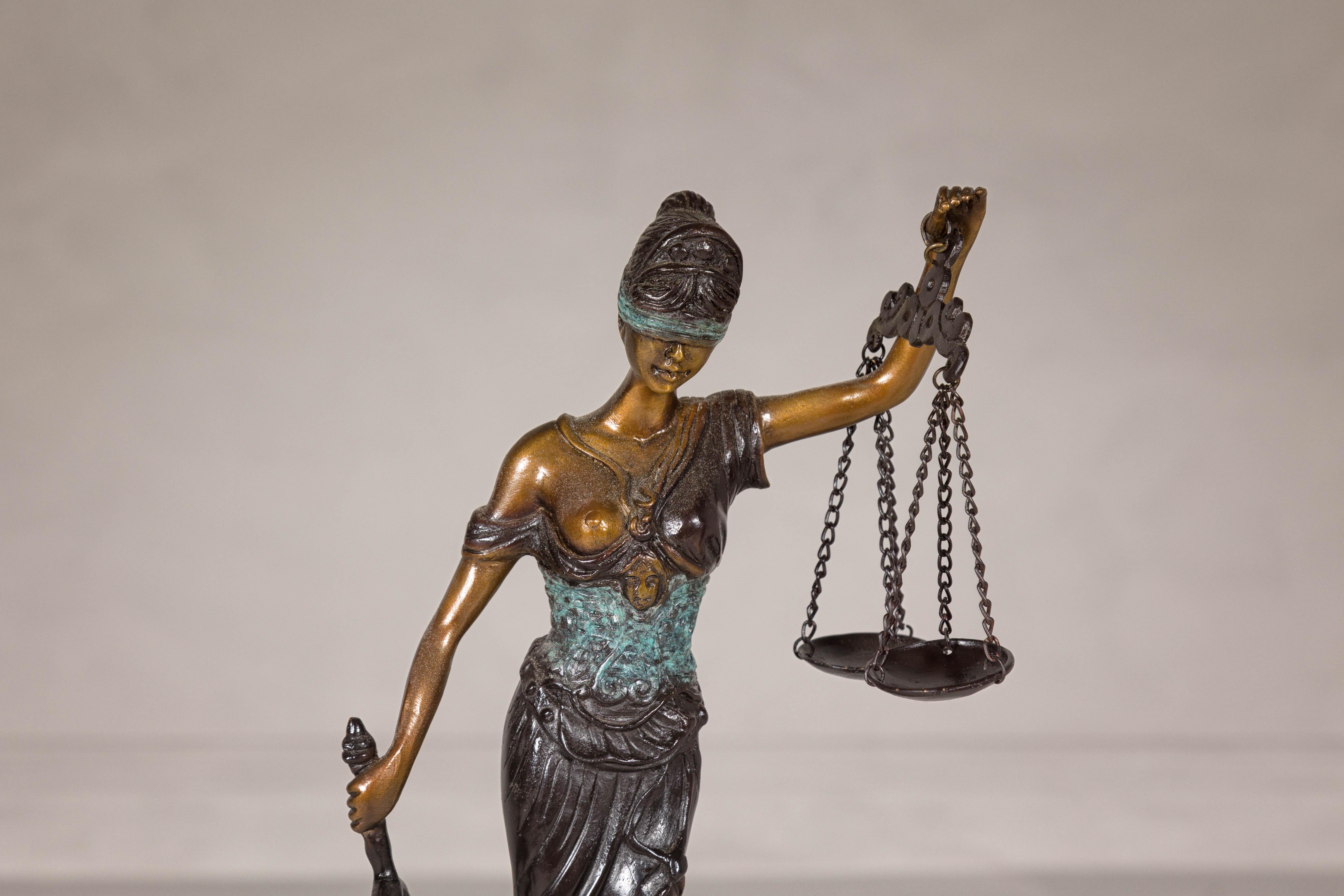 Cast Bronze Lady Justice Tabletop Statuette For Sale