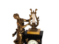 Bronze Lady Playing Harp Pendulum Mantel Clock on Marble Base, 1900s
