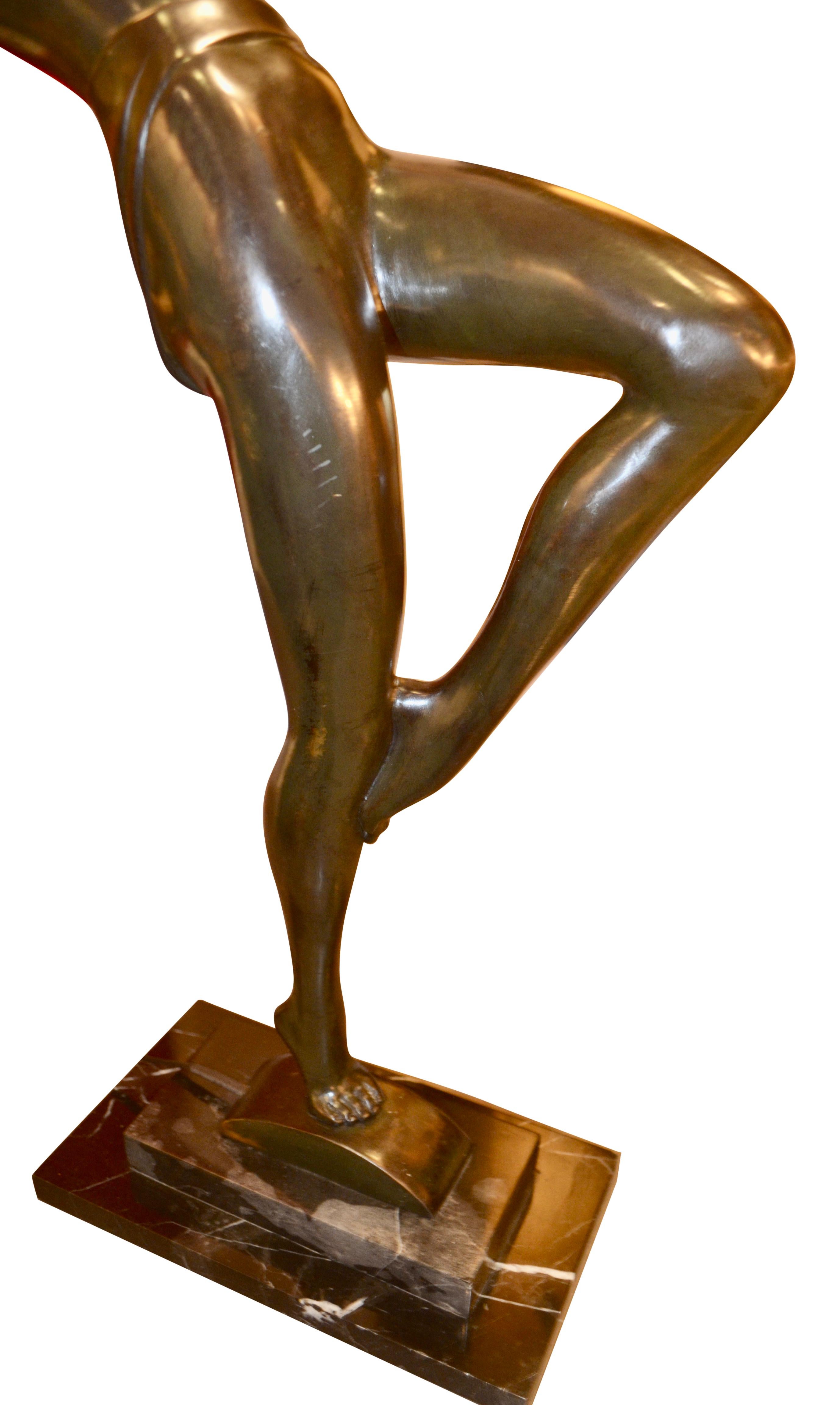    Patinated Bronze Art Deco Figurative Lamp with a Colored Glass Tulip Shade In Good Condition For Sale In Vancouver, British Columbia