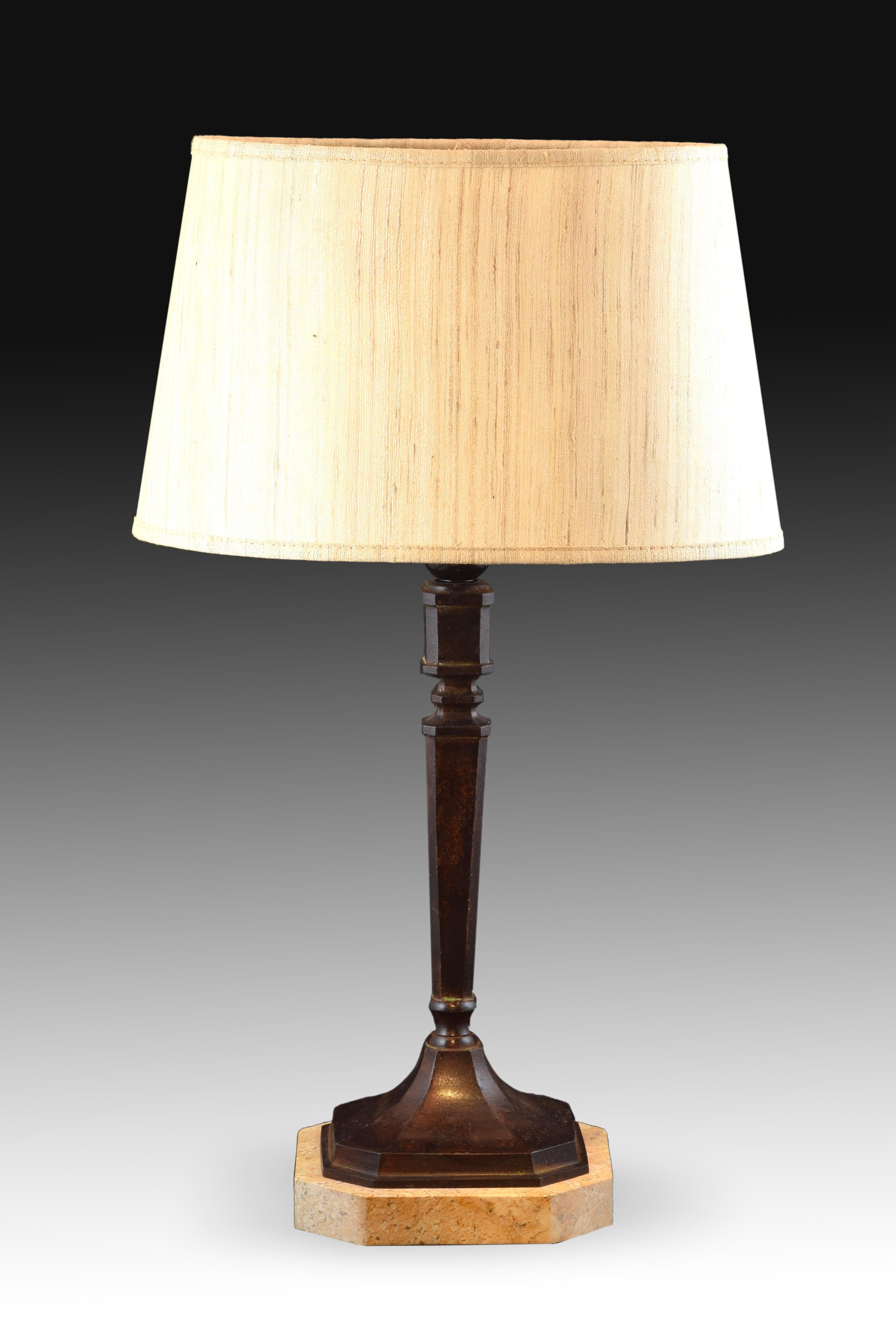 European Bronze lamp in the shape of a stipe. Patinated bronze, marble base. For Sale