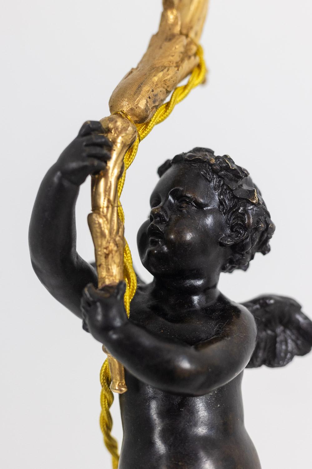 Bronze lamp representing a putti, marble base. Circa 1880. For Sale 5