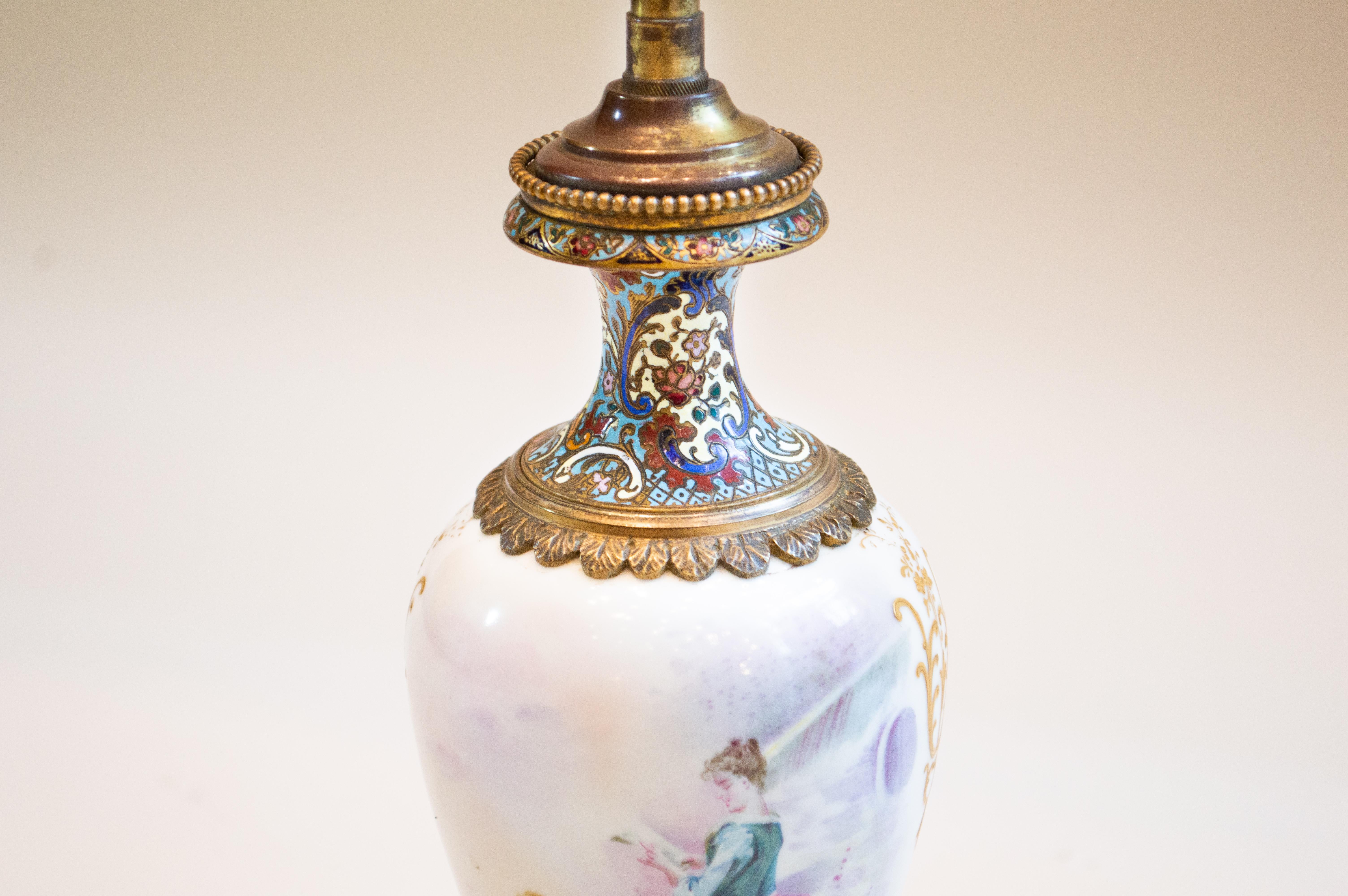 A very fine 20th century antique French Sévres style hand painted porcelain, cloisonne, champlevé, enamel, gilt bronze lamp.
 