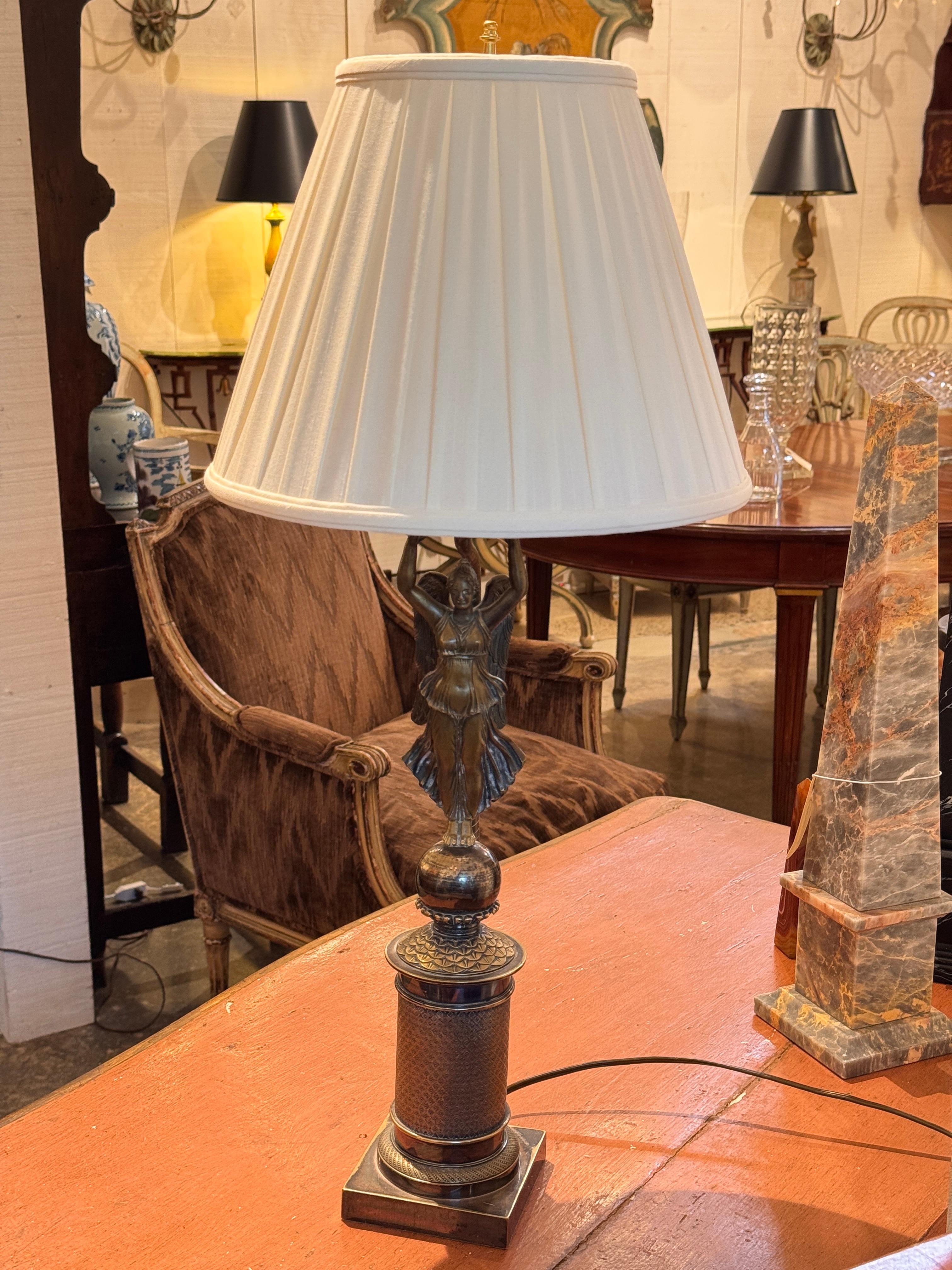 French Bronze Lamp With Figural Column Base For Sale