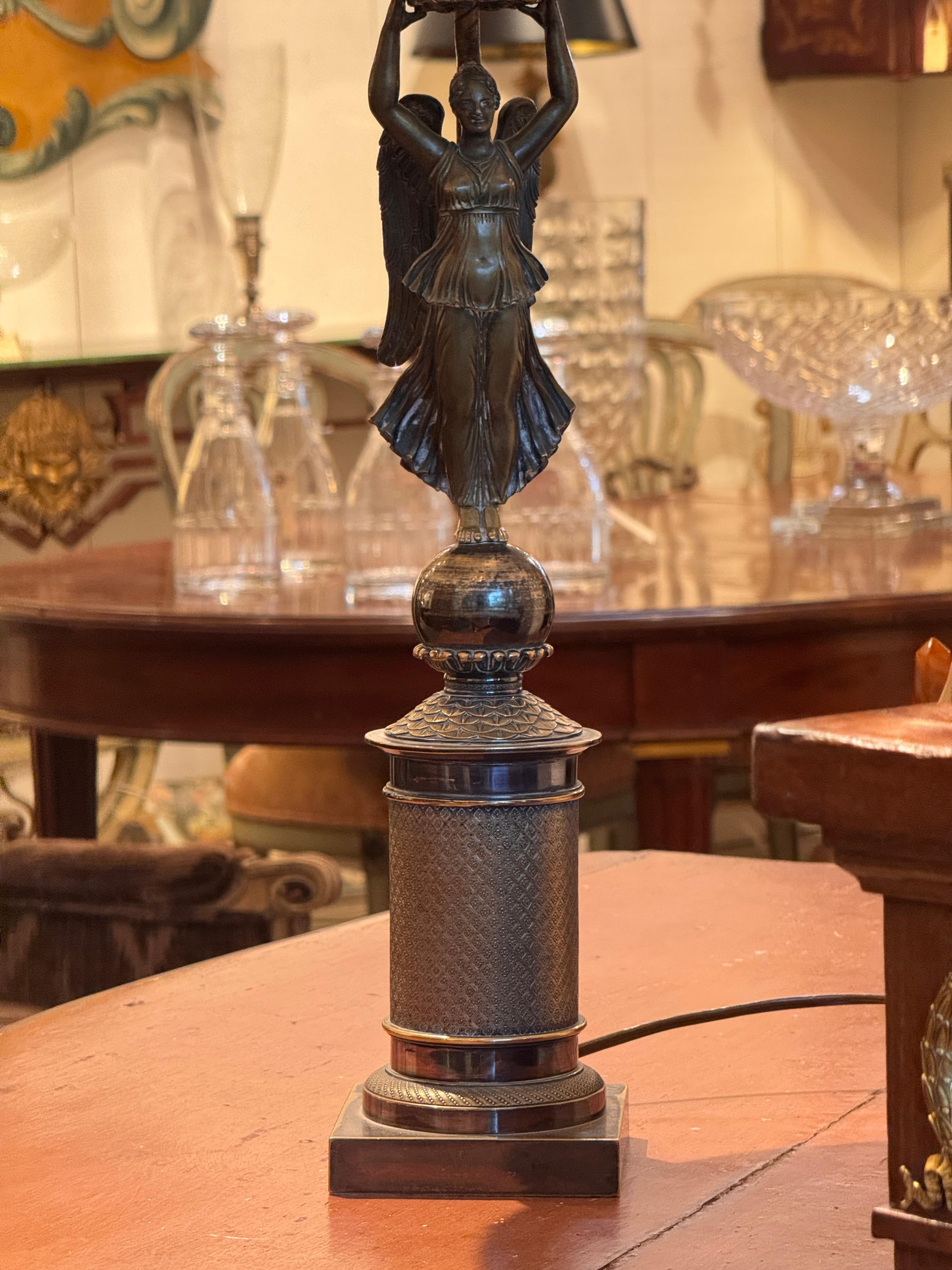 Early 20th Century Bronze Lamp With Figural Column Base For Sale