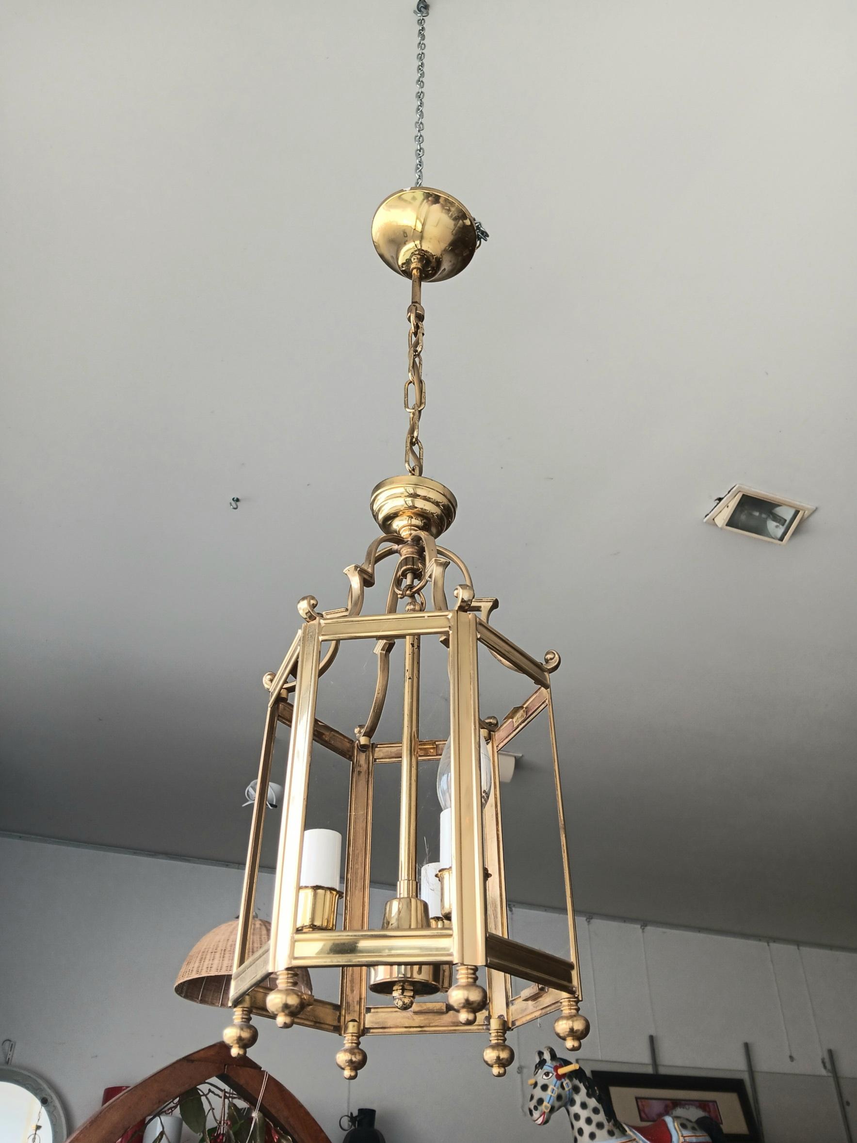 Lantern Brass and Glass Gold Elegant Mid-Century Modern Spain 50s In Excellent Condition For Sale In Mombuey, Zamora