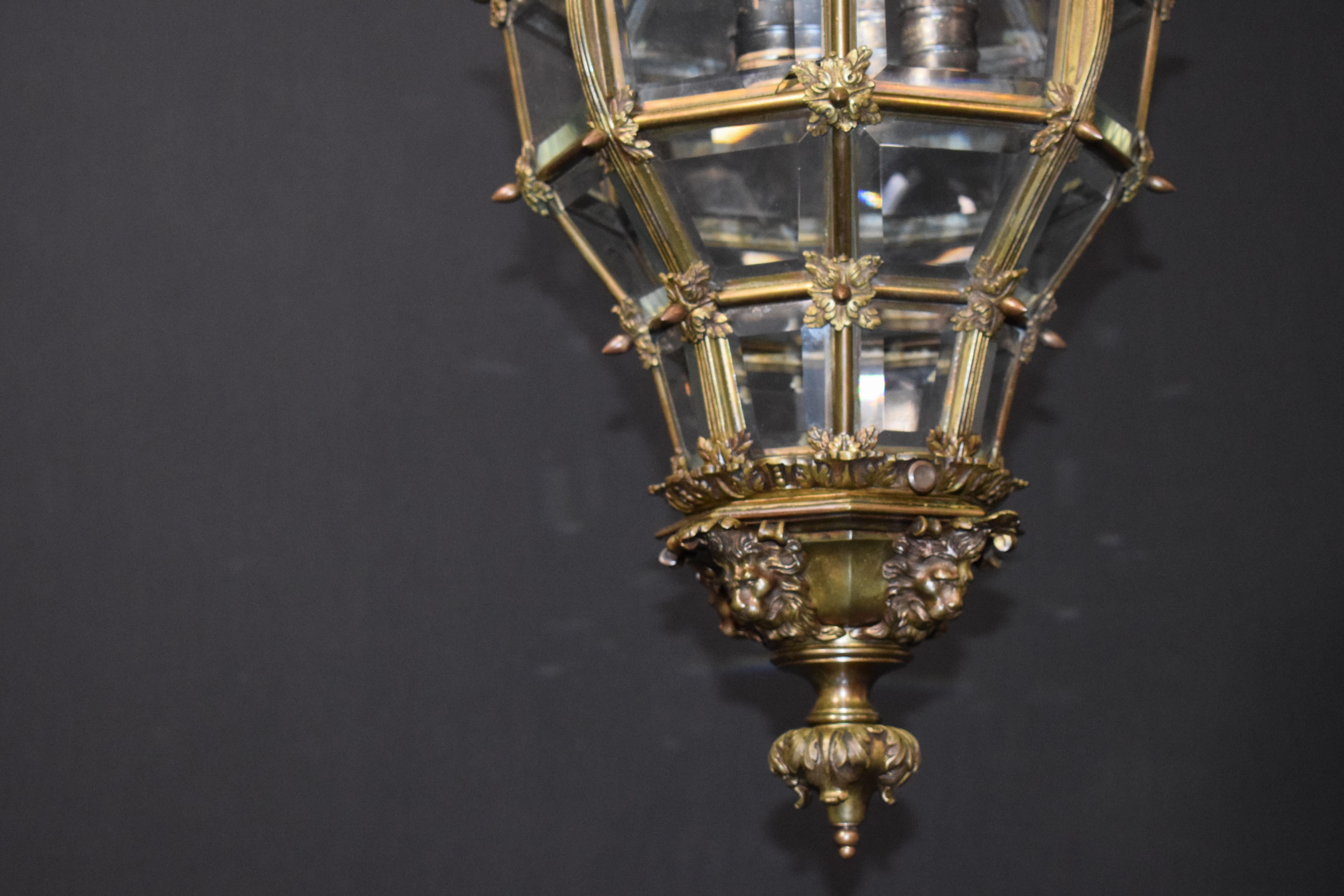 Hand-Crafted Bronze Lantern with Hand Beveled Crystal Panels For Sale