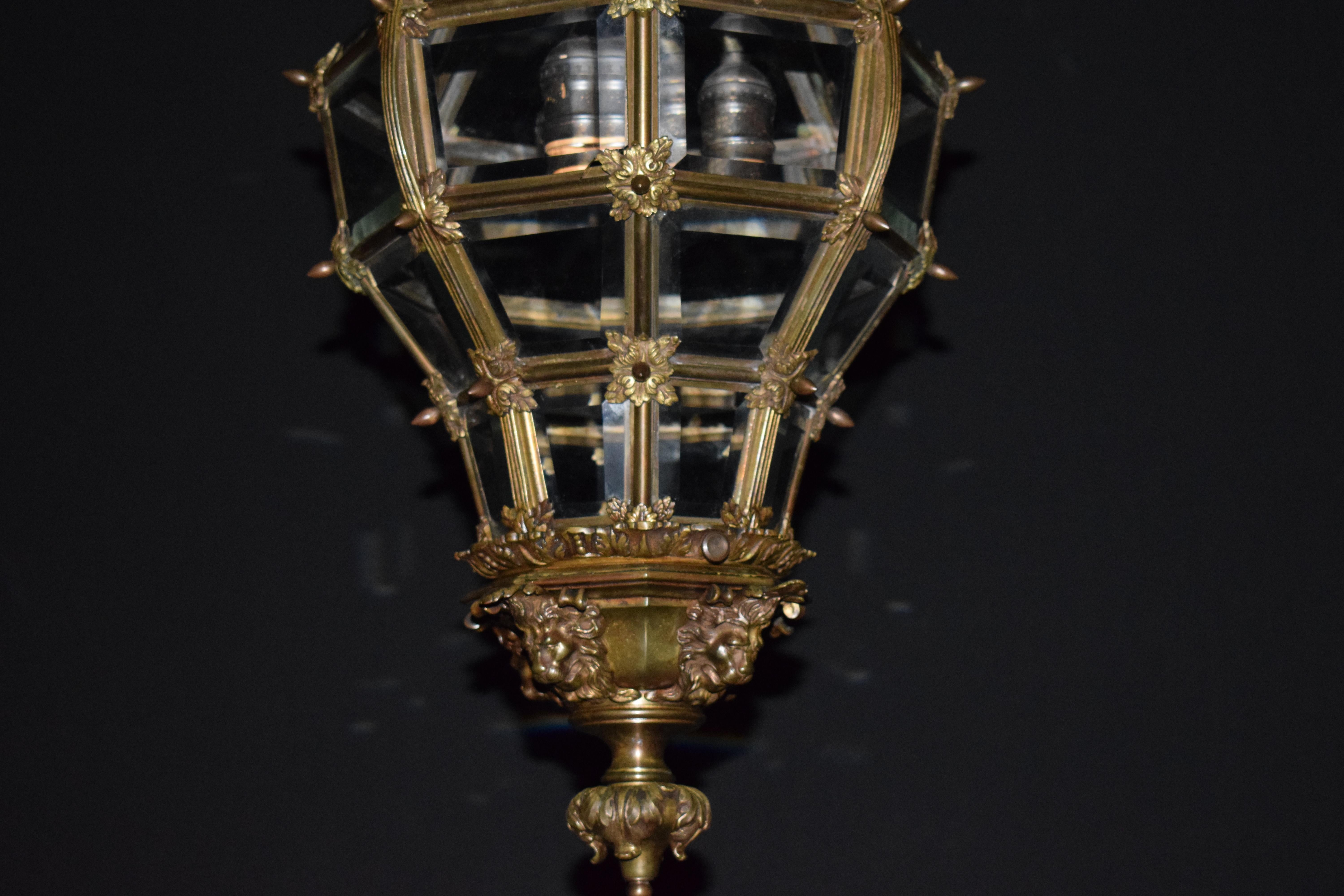 20th Century Bronze Lantern with Hand Beveled Crystal Panels For Sale