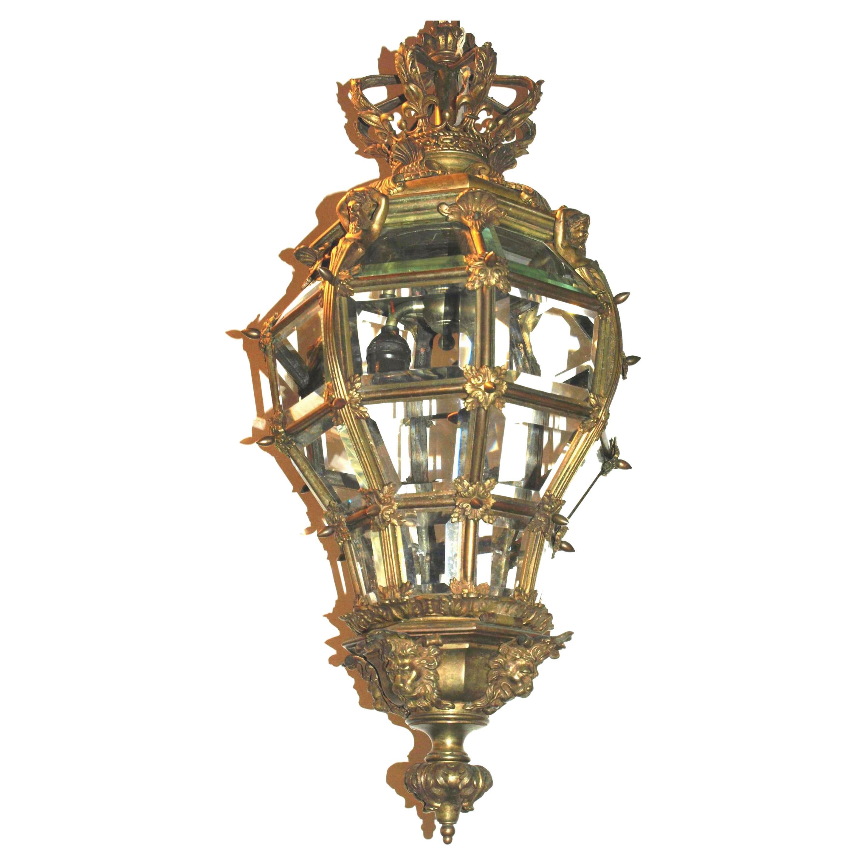 Bronze Lantern with Hand Beveled Crystal Panels For Sale