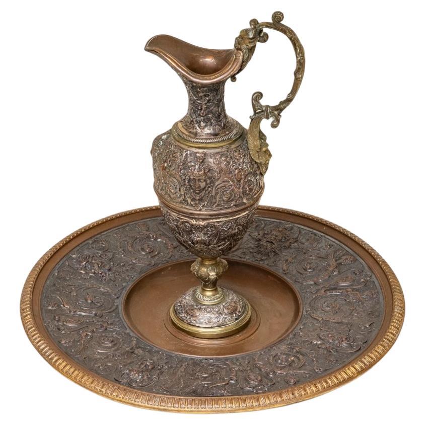 Gran aguamanil y jofaina de bronce de Robert Gugny y Leopold Oudry & Cie. Firmado