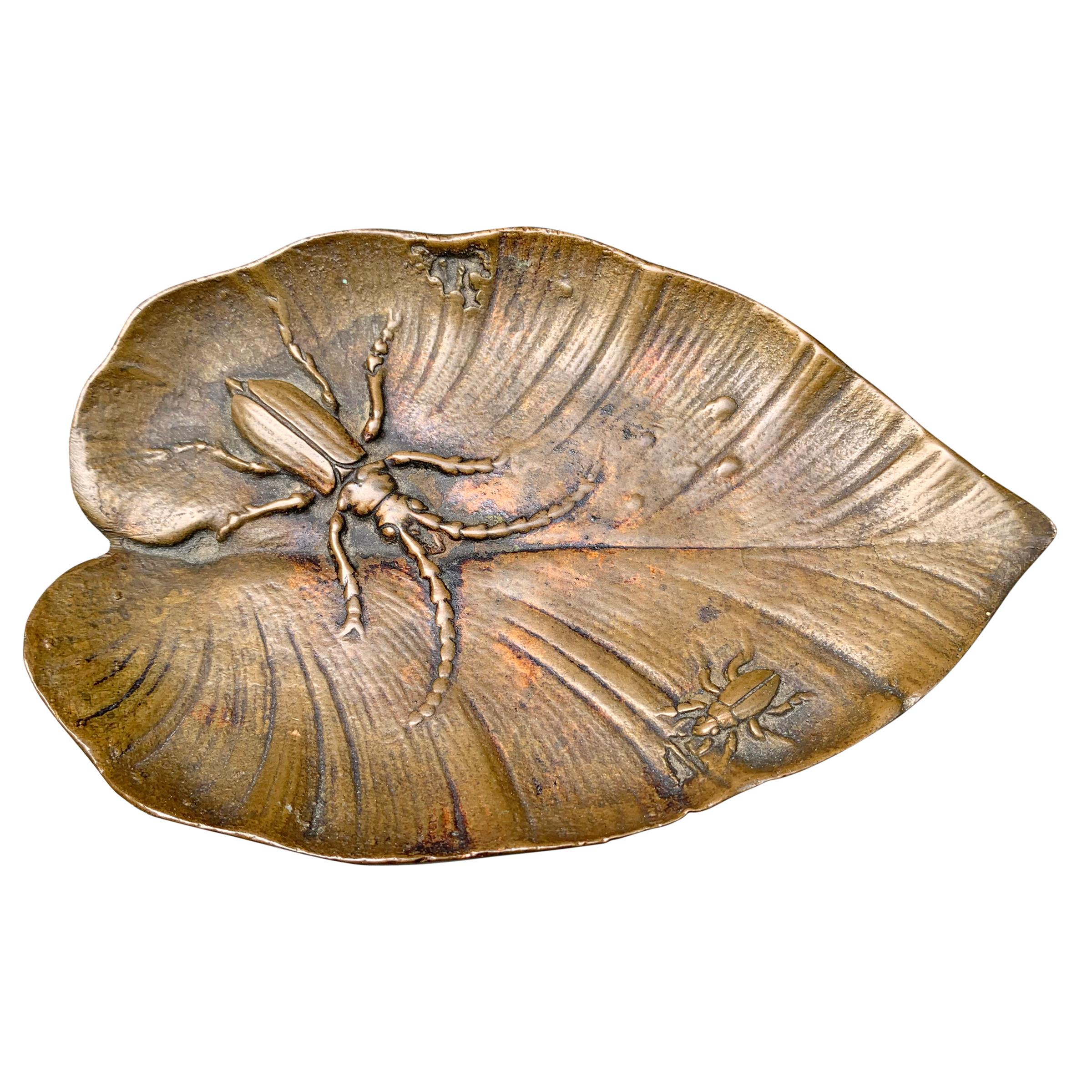 Art Nouveau Bronze Leaf and Bug Dish