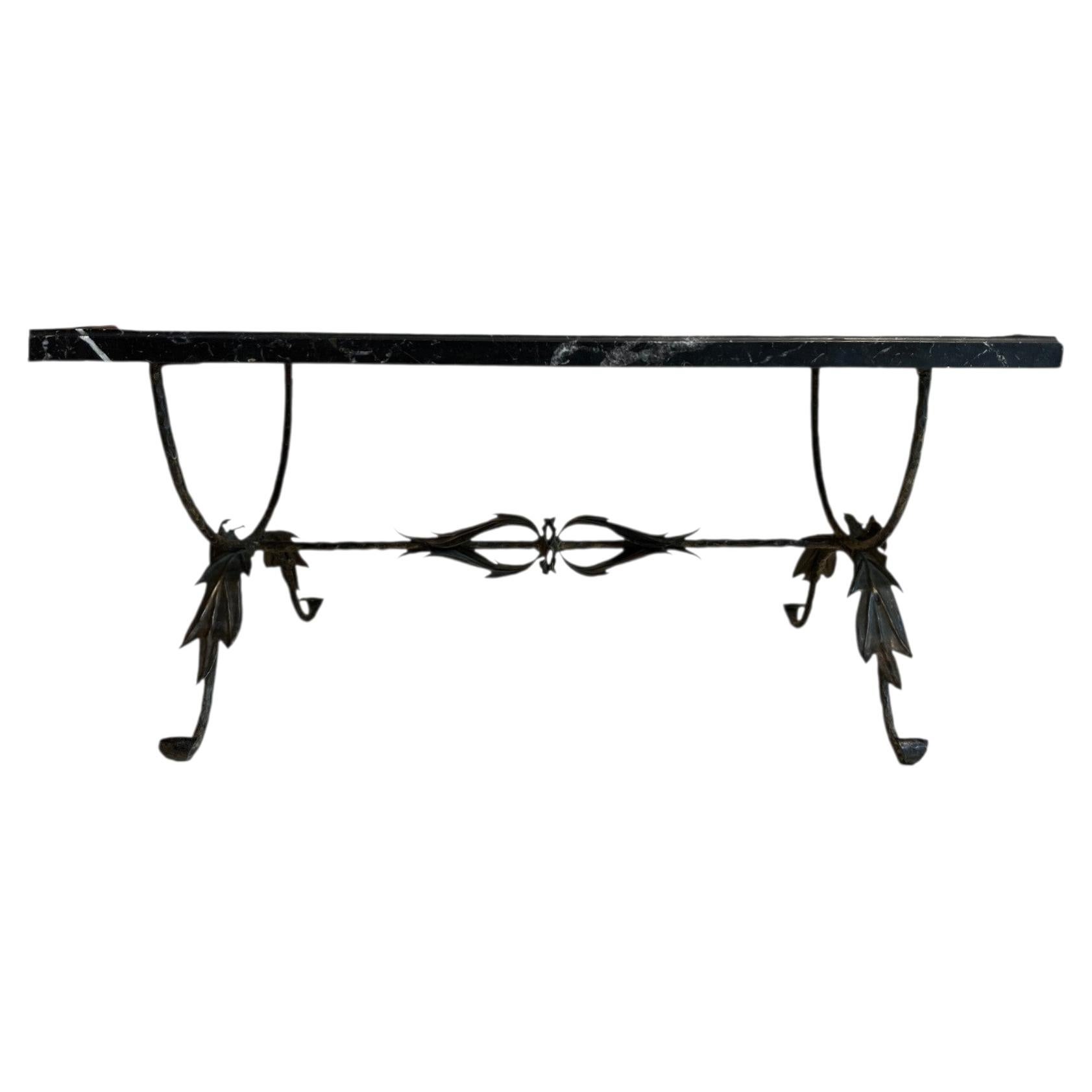 Bronze Leaf Table with Black Marble Top For Sale