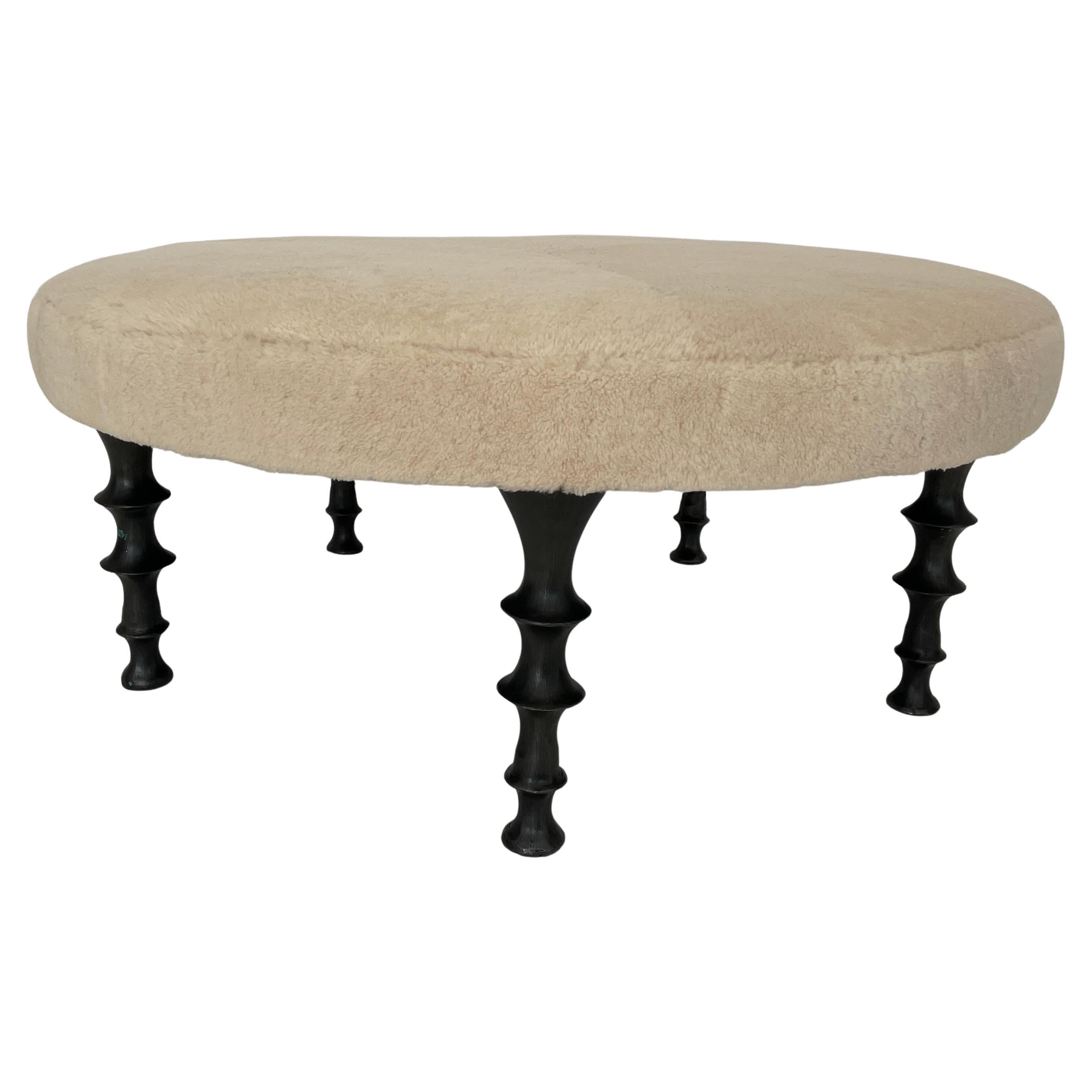 Bronze Legged ottoman with shearling Cushion For Sale