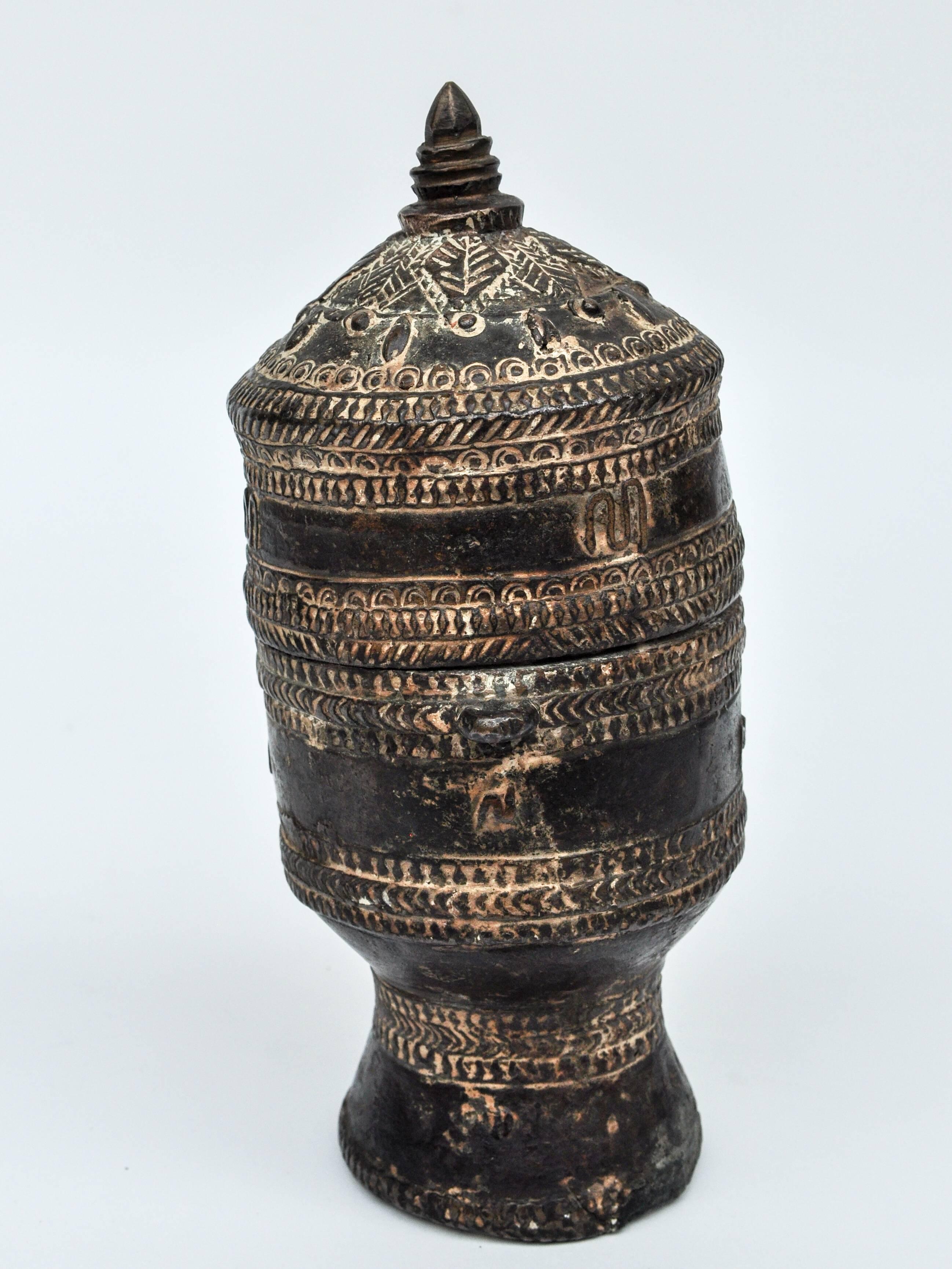 Tribal Bronze Lime Container from Laos, Mid-20th Century
