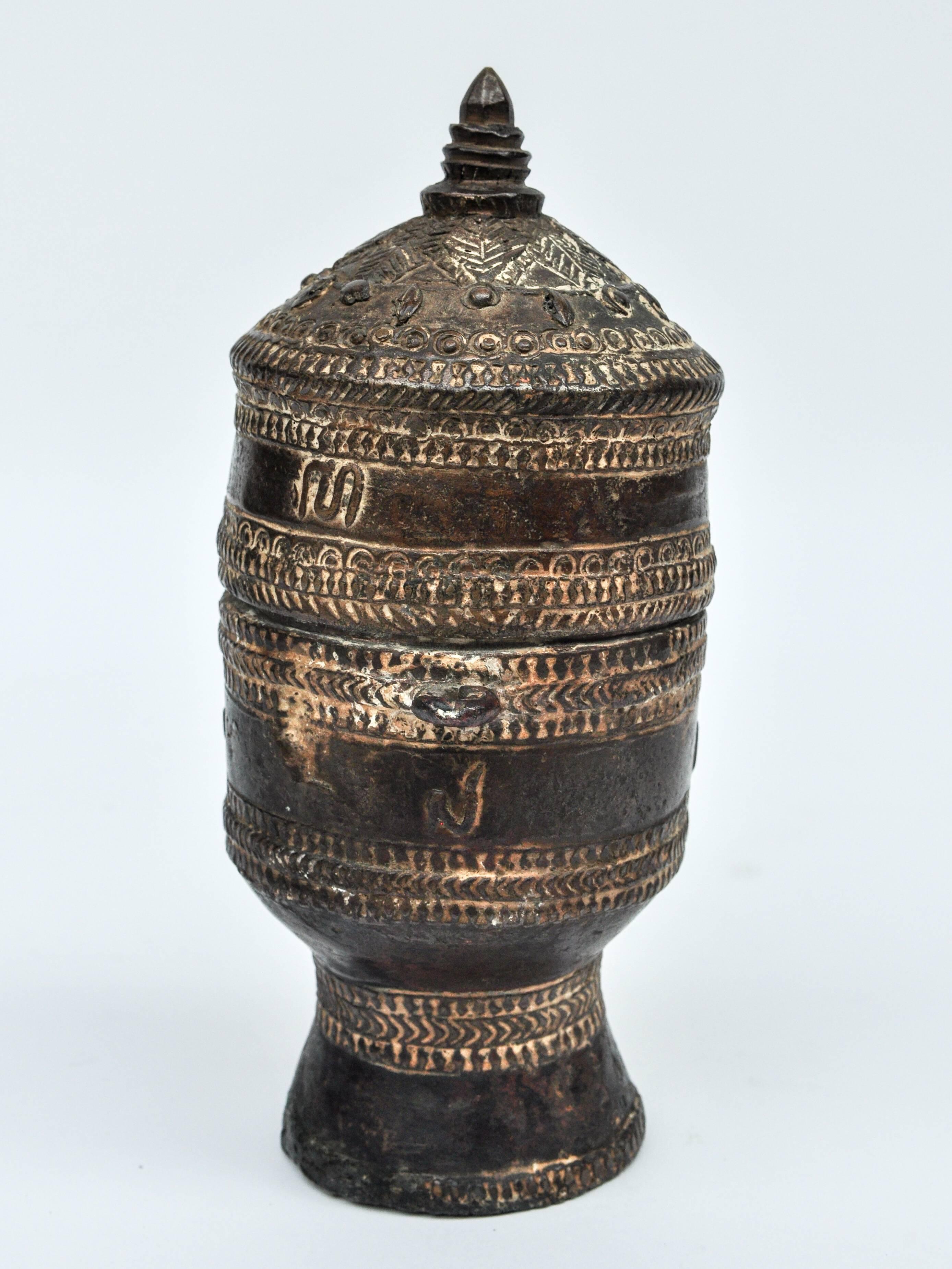 Hand-Crafted Bronze Lime Container from Laos, Mid-20th Century