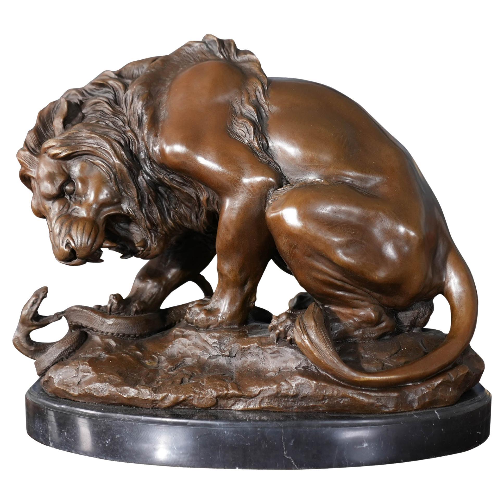 Bronze Lion and Snake on Marble Base For Sale