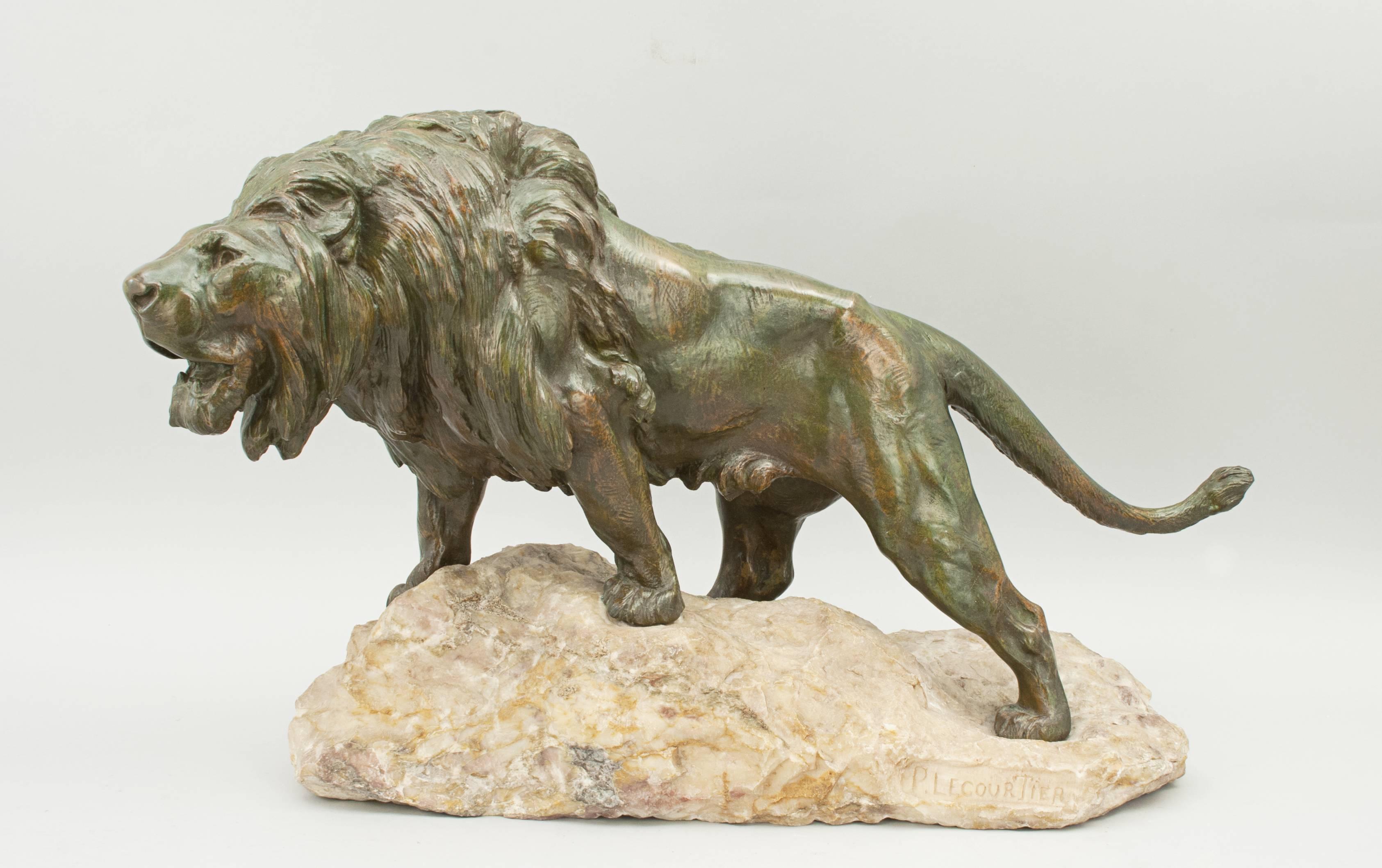 Bronze sculpture by Lecourtier.
A fantastic large bronze sculpture of a roaring lion. The impressive lion is finished in verdigris with wonderful patina and mounted onto a stone base which is signed by the artist 'P. Lecourtier'. The lion has been