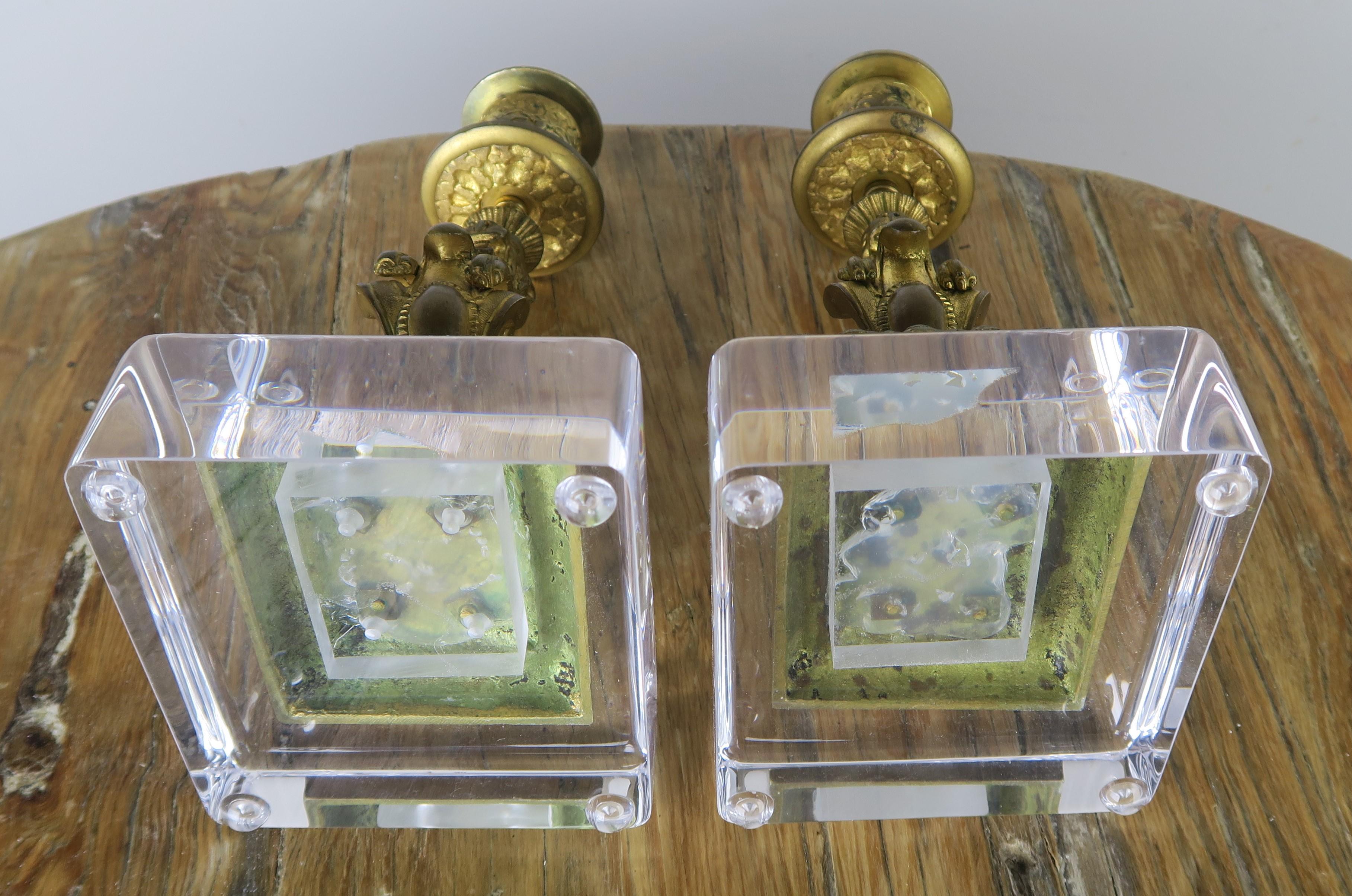 Bronze Lion Candleholders on Lucite Bases, Pair 3