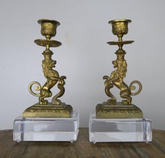 Bronze Lion Candleholders on Lucite Bases, Pair